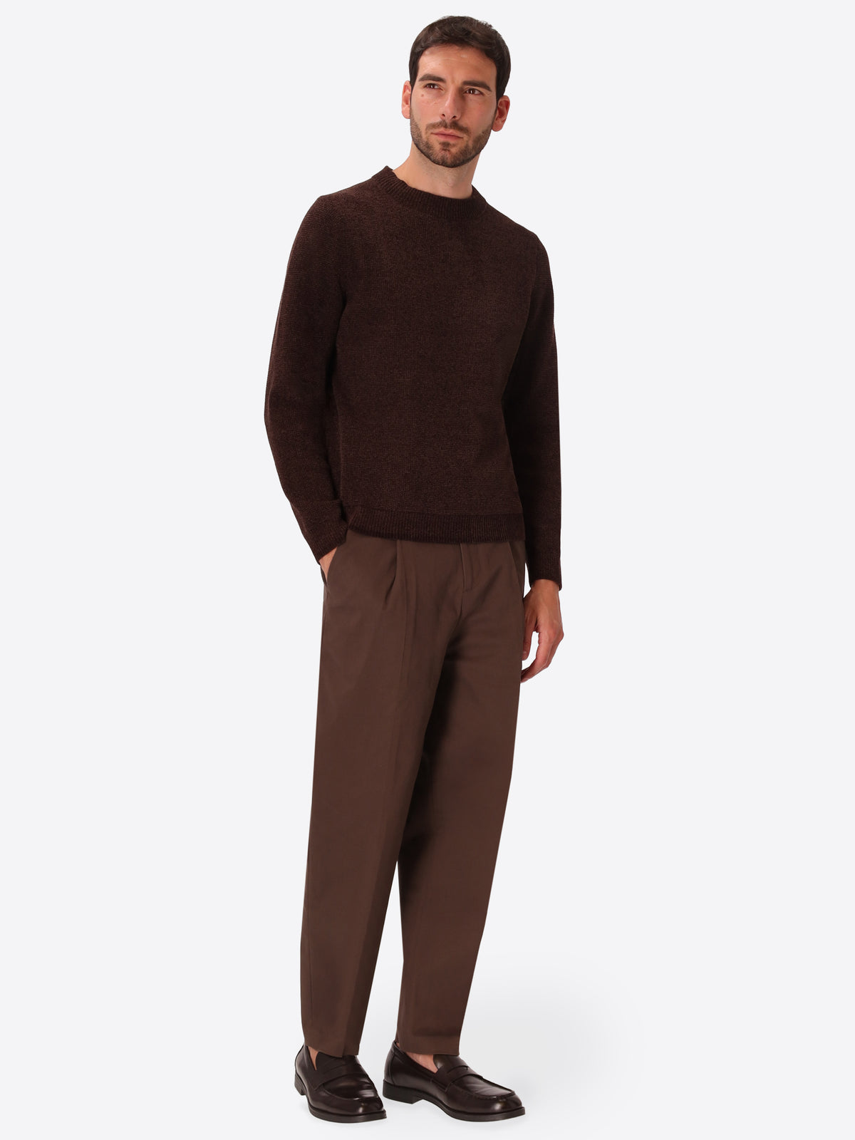 Brown Chenille-Knit Micro-Check Technical Sweater Brid - Model Full Body Shot