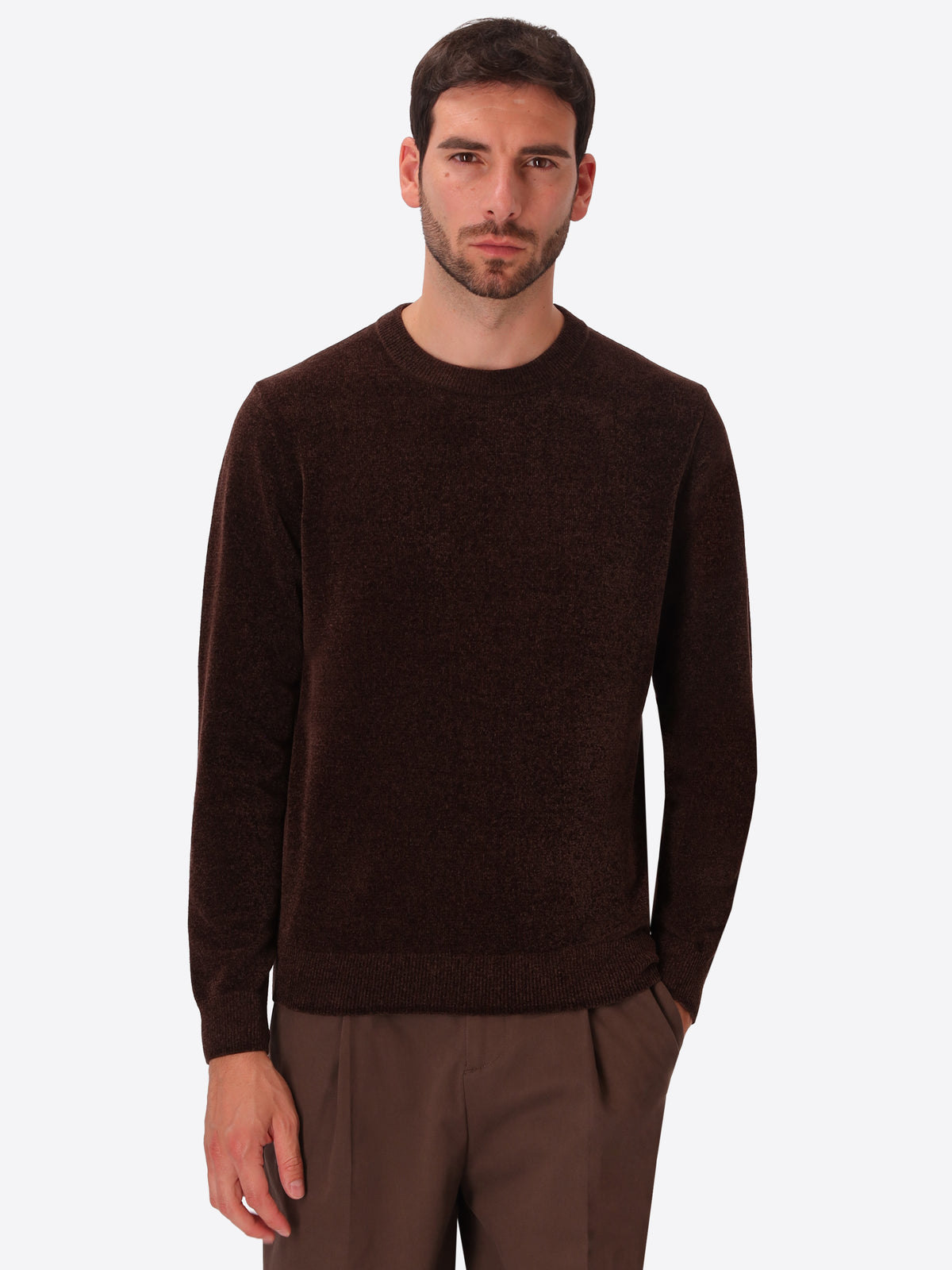 Brown Chenille-Knit Technical Sweater Blas - Model Front View