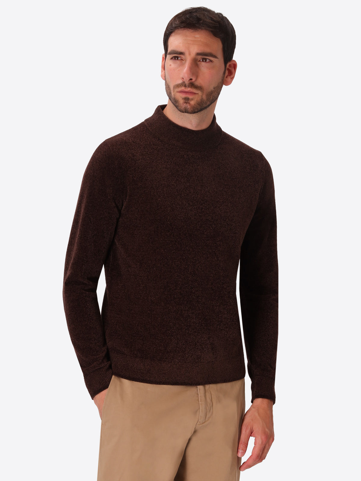 Brown Chenille-Knit Technical Turtleneck Sweater Blas - Model Front View