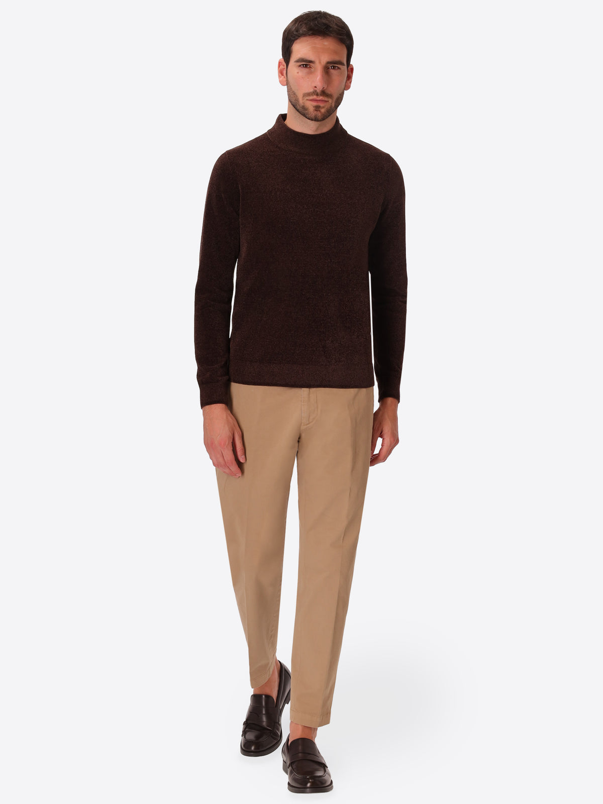 Brown Chenille-Knit Technical Turtleneck Sweater Blas - Model Full Body Shot