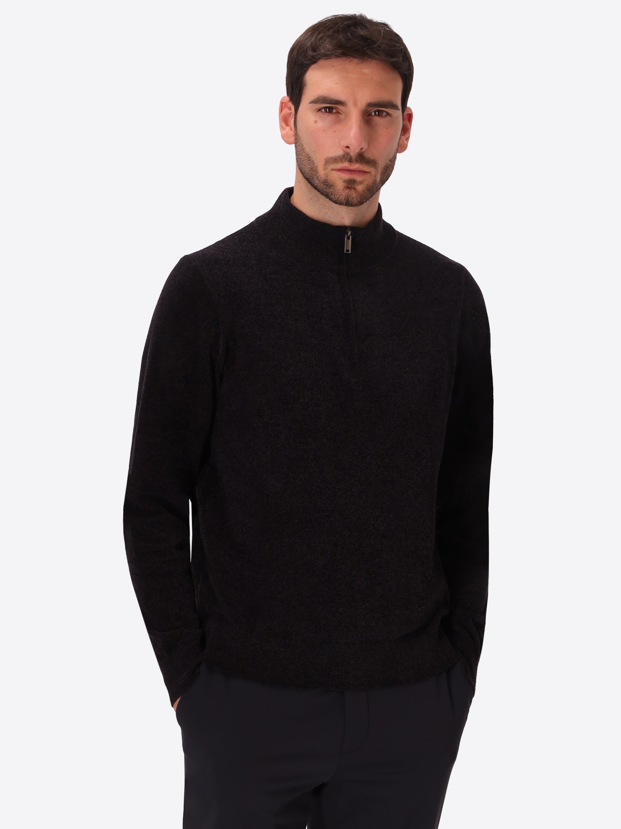 Blue Chenille-Knit Technical Zip Turtleneck Sweater Blas - Model Front View
