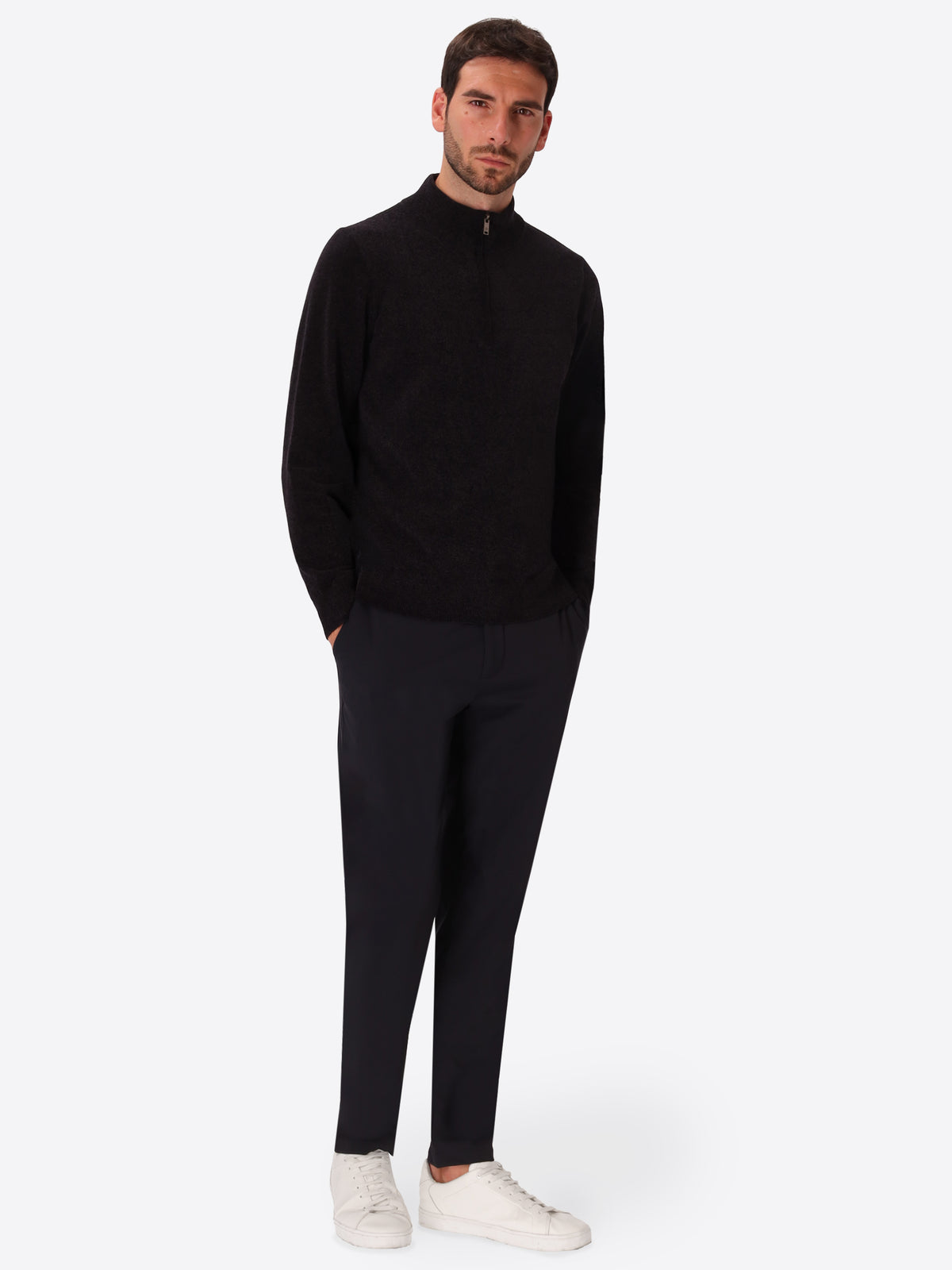 Blue Chenille-Knit Technical Zip Turtleneck Sweater Blas - Model Full Body Shot