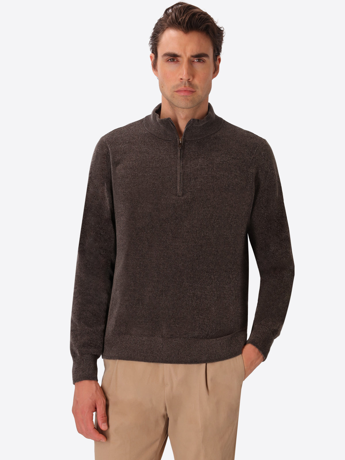 Charcoal Chenille-Knit Technical Zip Turtleneck Sweater Blas - Model Front View