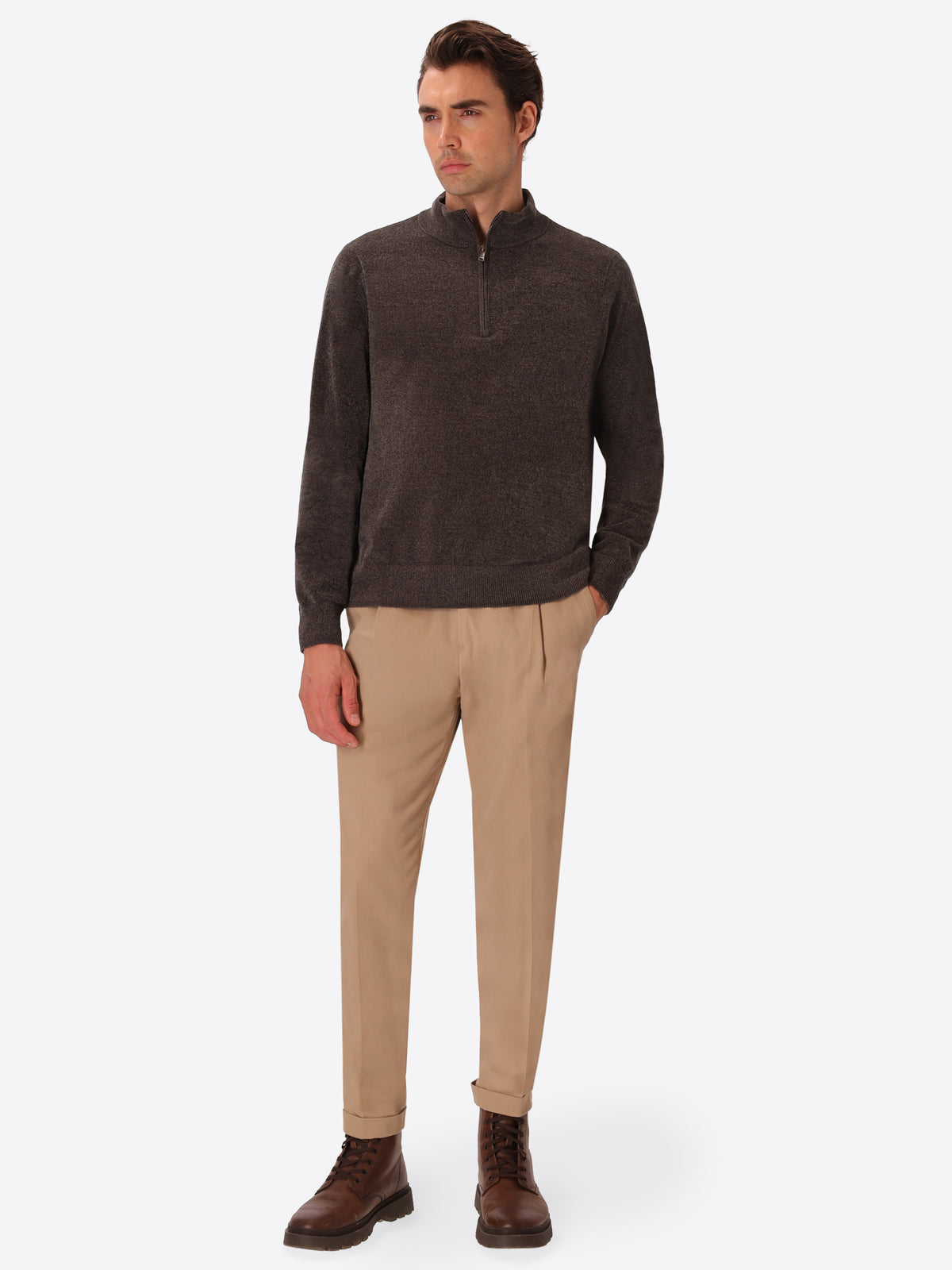 Charcoal Chenille-Knit Technical Zip Turtleneck Sweater Blas - Model Full Body Shot