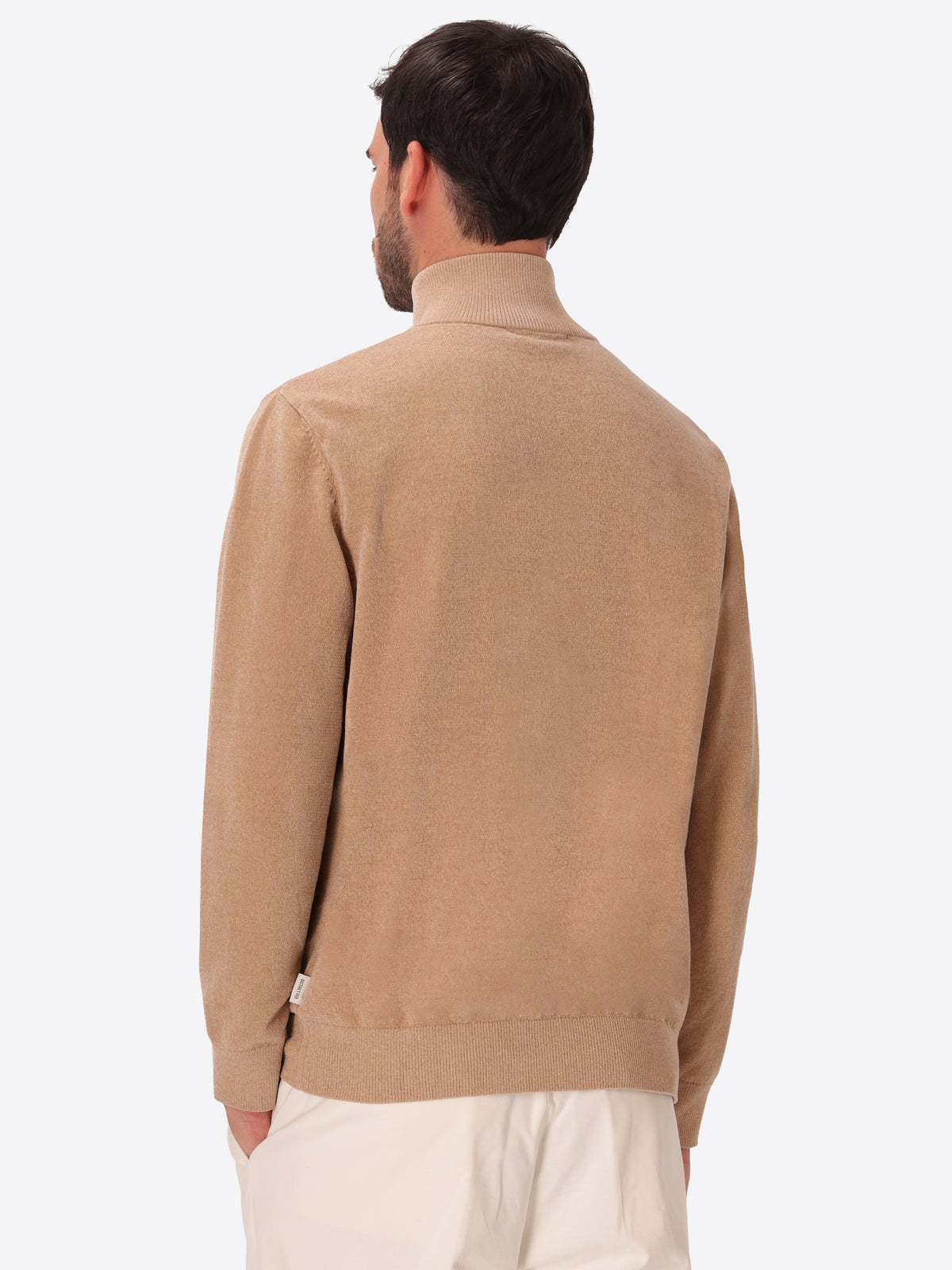 Dove Grey Chenille-Knit Technical Zip Turtleneck Sweater Blas - Model Back View
