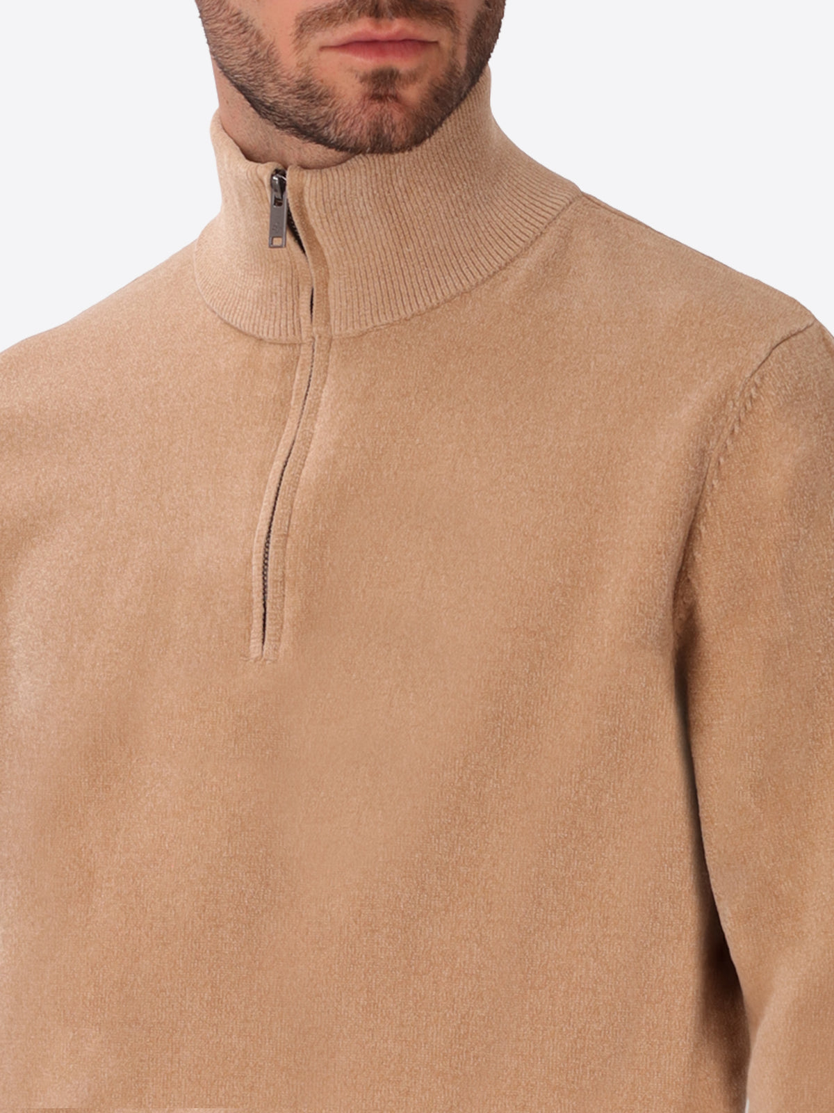 Dove Grey Chenille-Knit Technical Zip Turtleneck Sweater Blas - Close-Up Of The Collar