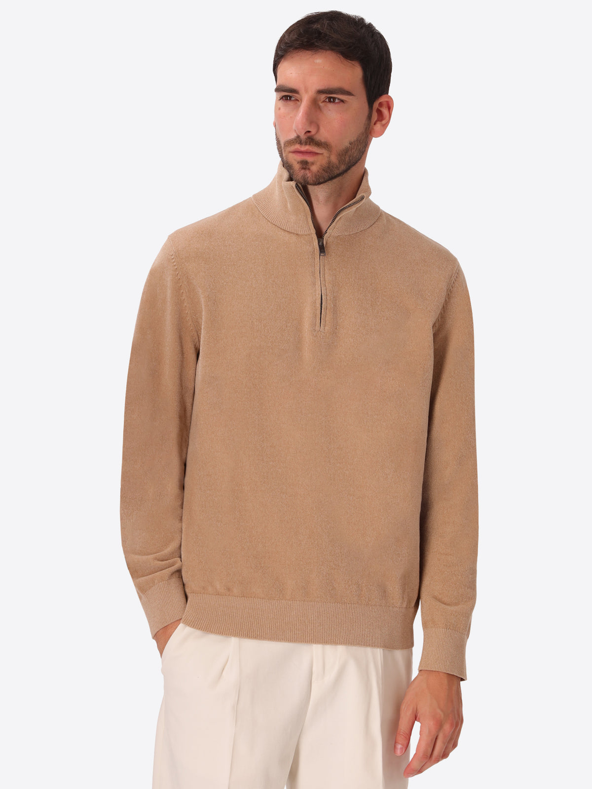 Dove Grey Chenille-Knit Technical Zip Turtleneck Sweater Blas - Model Front View