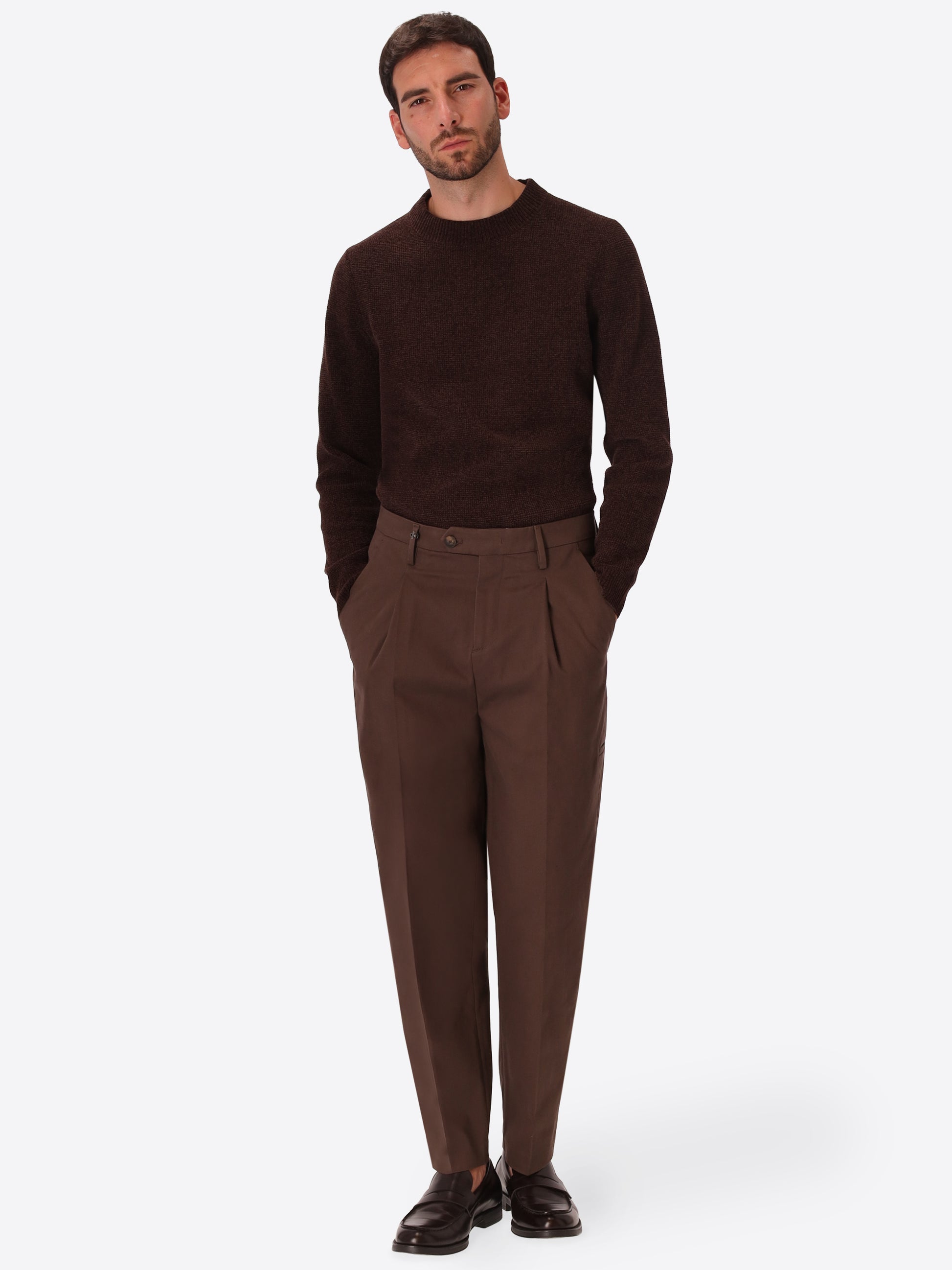 Ban Mantegna Brown Comfort Cotton Trousers - Model Full Body Shot
