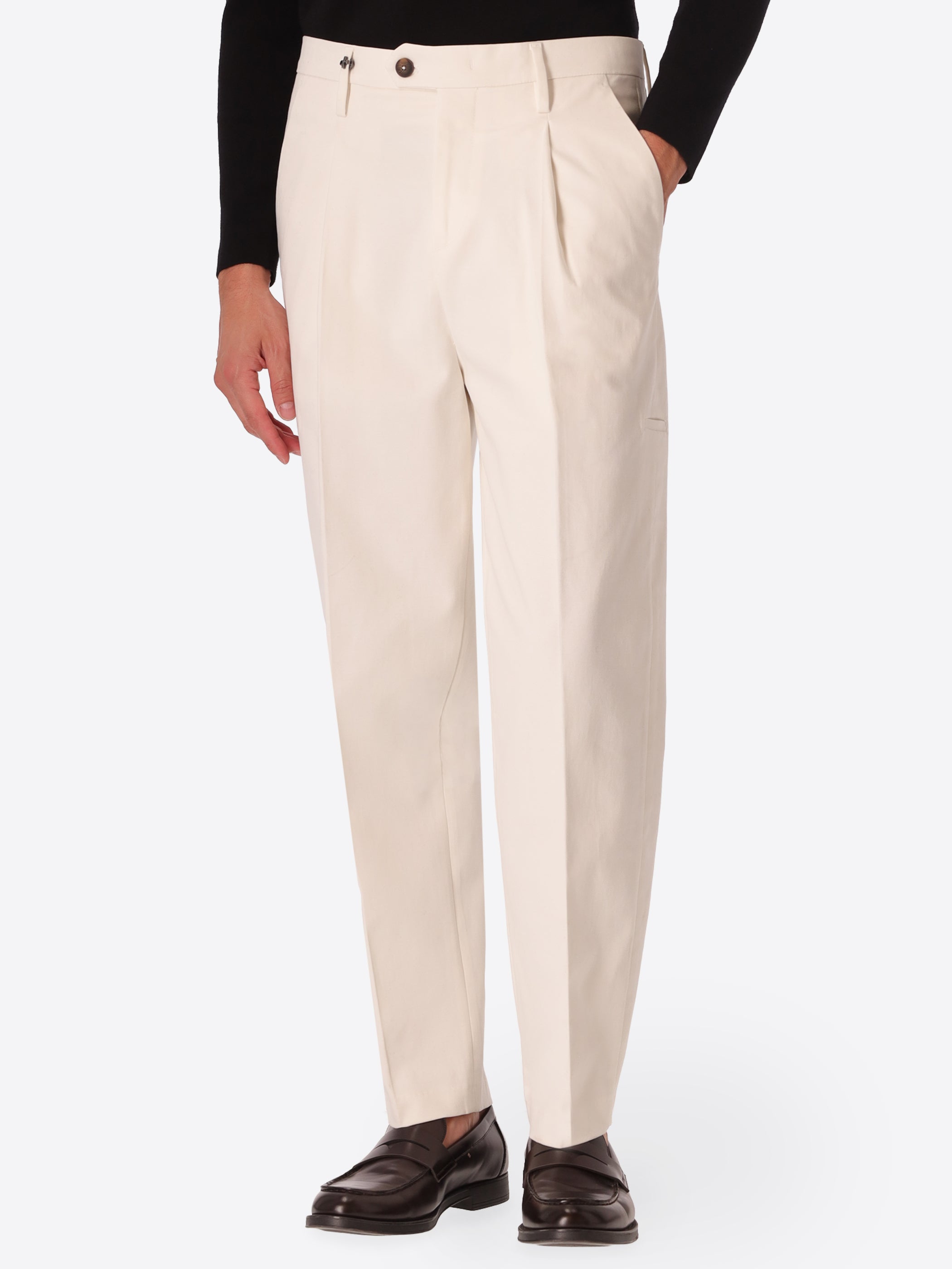 Ban Mantegna Off White Comfort Cotton Trousers - Model Front View