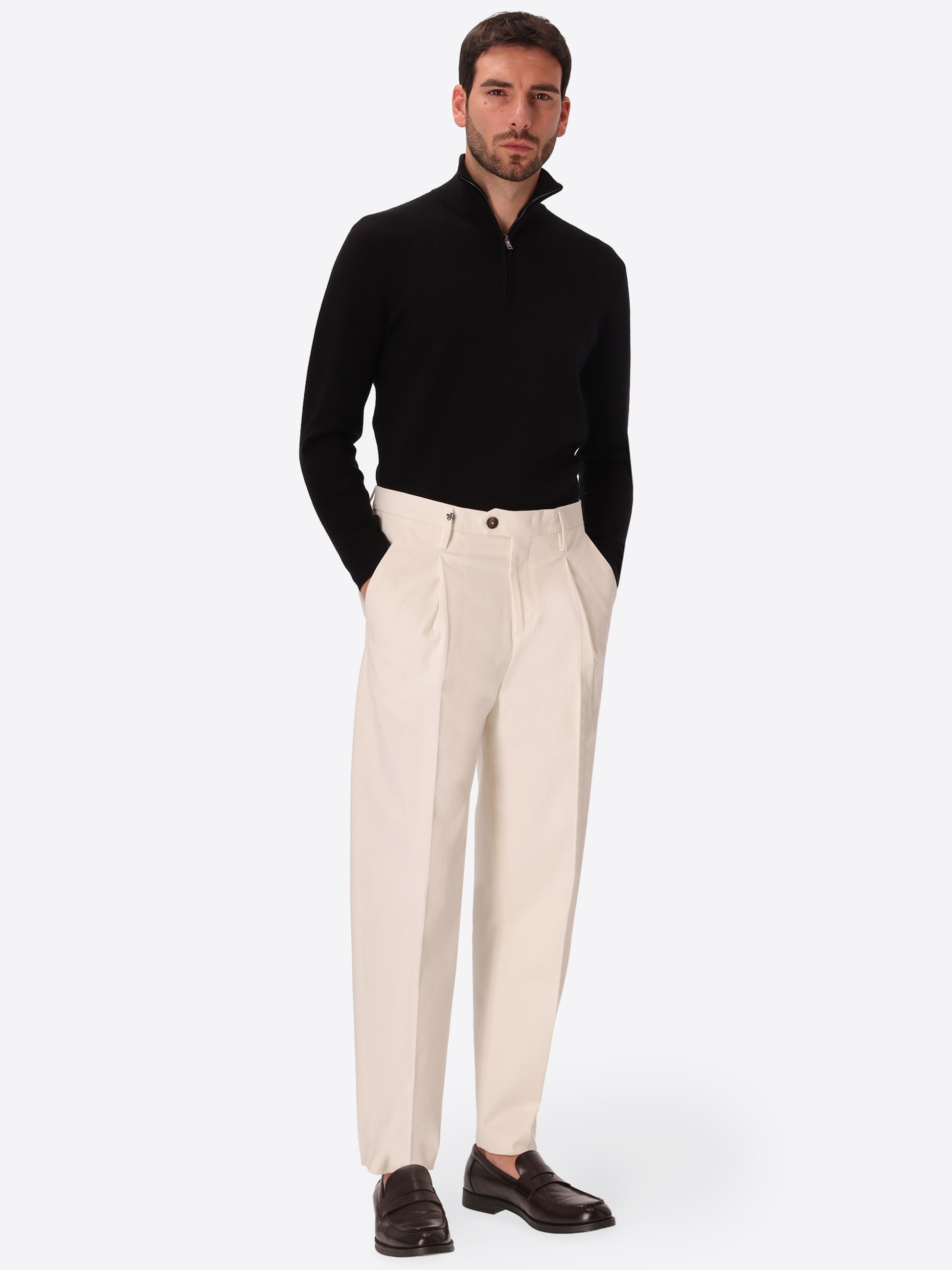 Ban Mantegna Off White Comfort Cotton Trousers - Model Full Body Shot
