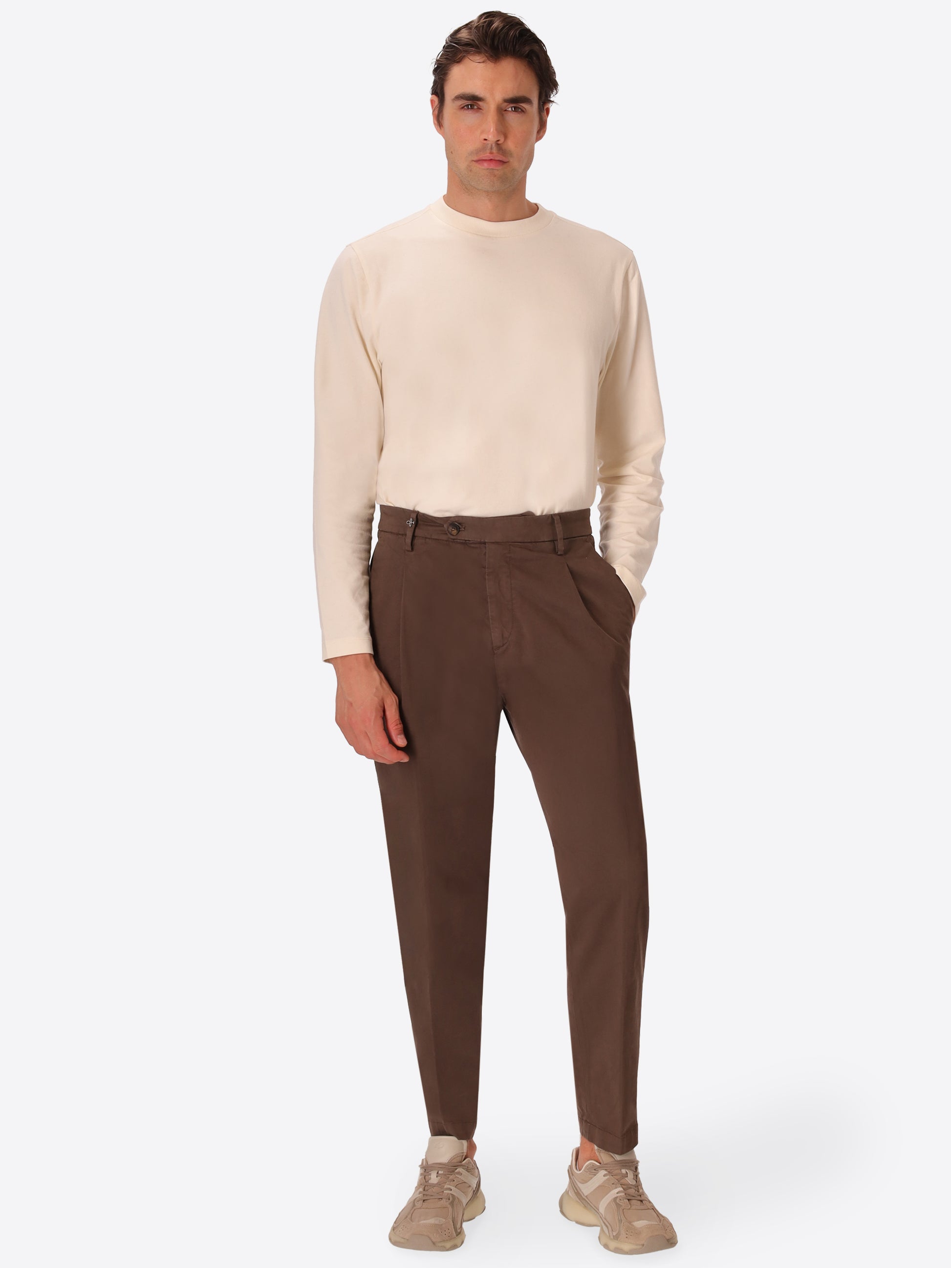 Rio Pences Canaletto Brown Comfort Cotton Trousers - Model Full Body Shot