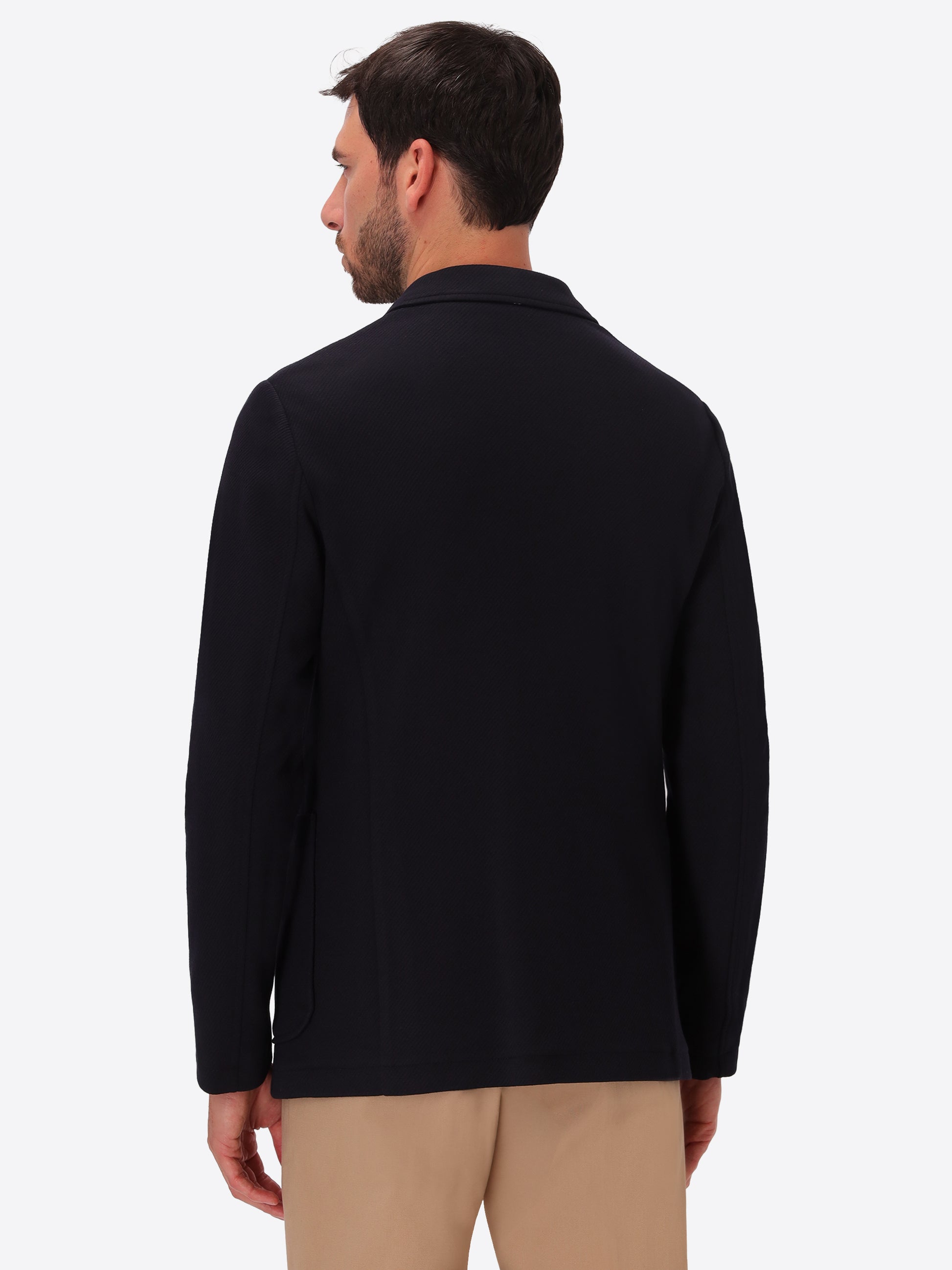 Tiepolo Blue Diagonal-Weave Jersey Double-Breasted Jacket - Model Back View