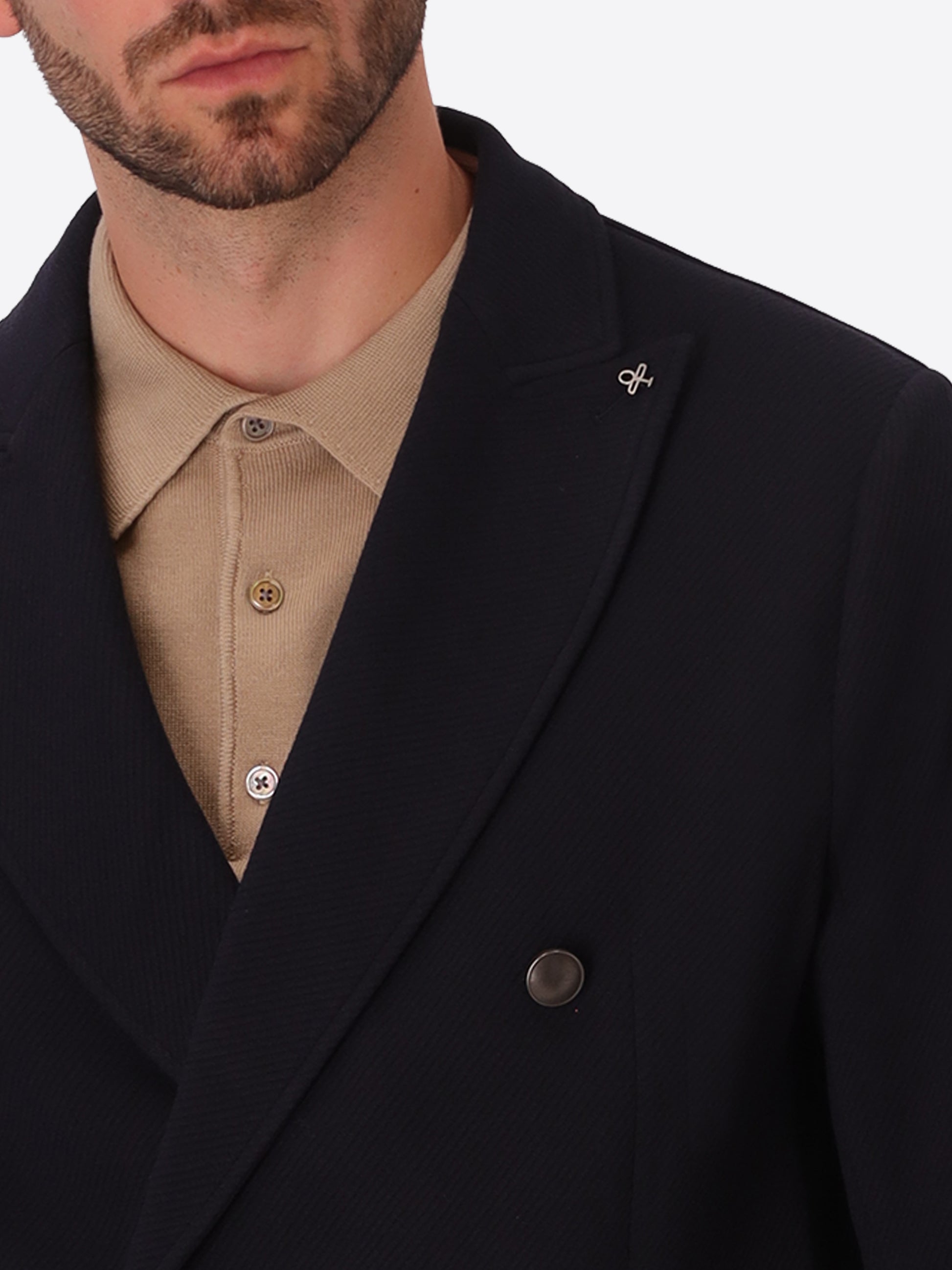 Tiepolo Blue Diagonal-Weave Jersey Double-Breasted Jacket - Close-Up Of The Collar