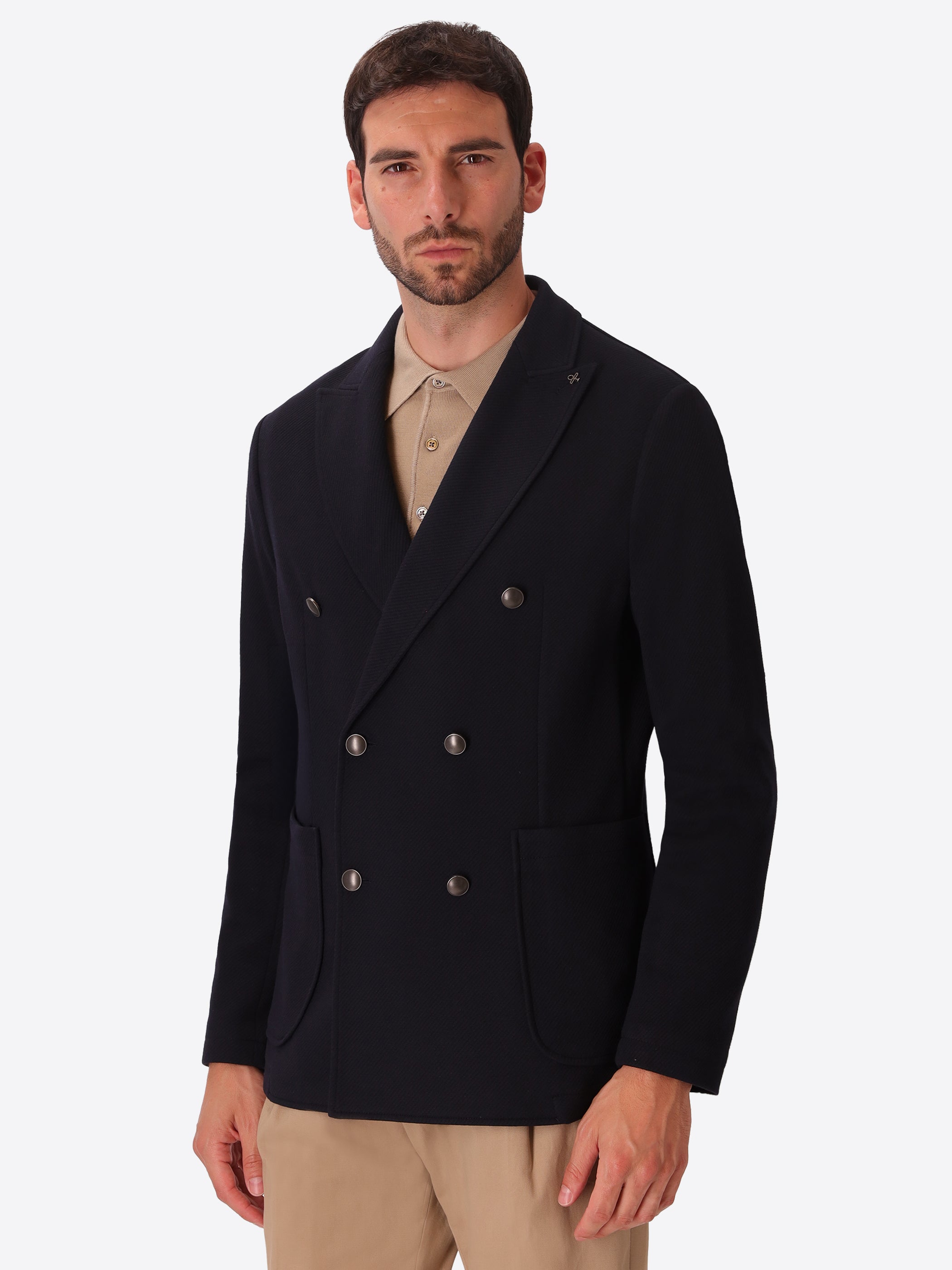 Tiepolo Blue Diagonal-Weave Jersey Double-Breasted Jacket - Model Front View