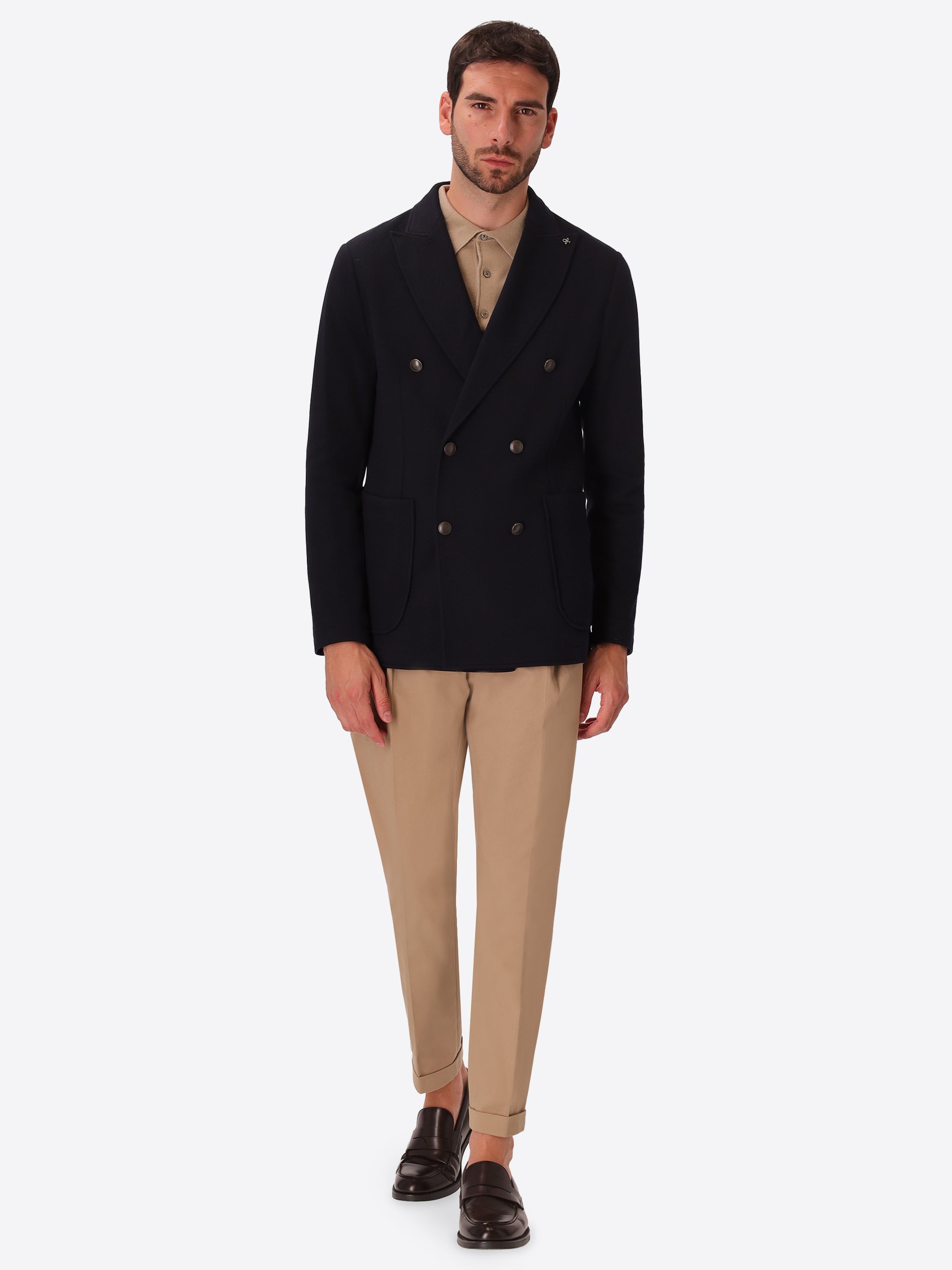 Tiepolo Blue Diagonal-Weave Jersey Double-Breasted Jacket - Model Full Body Shot
