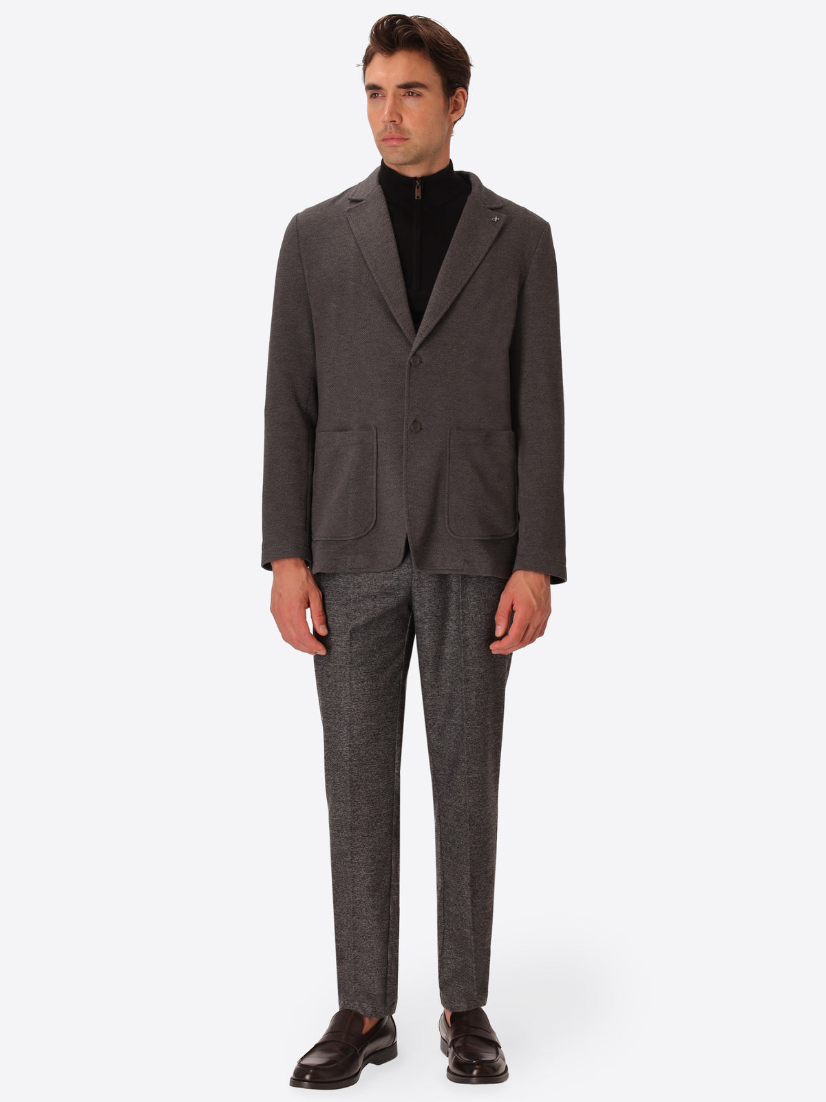 Tiepolo Charcoal Diagonal-Weave Jersey Jacket - Model Full Body Shot