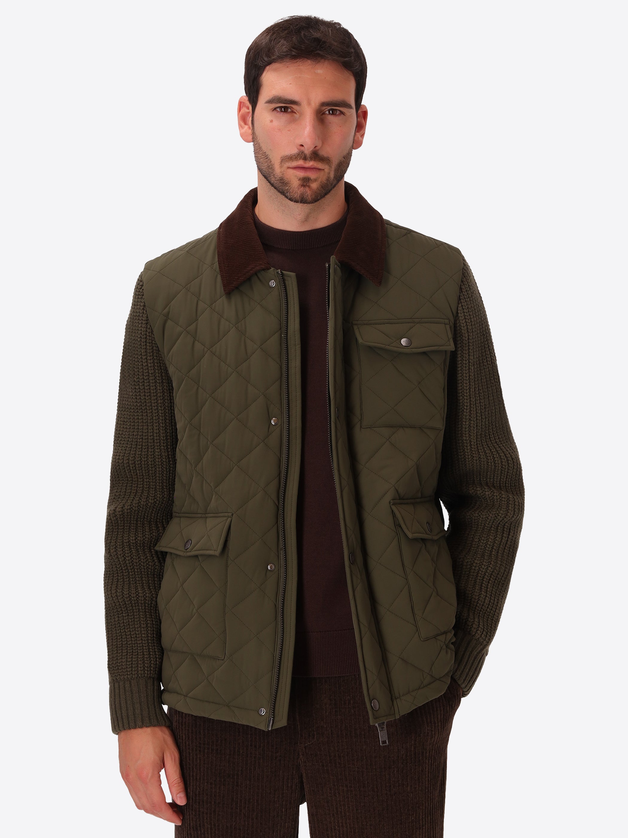 Mondrian Military Diamond-Quilted Technical Nylon With Contrast Velvet Collar Jacket - Model Front View