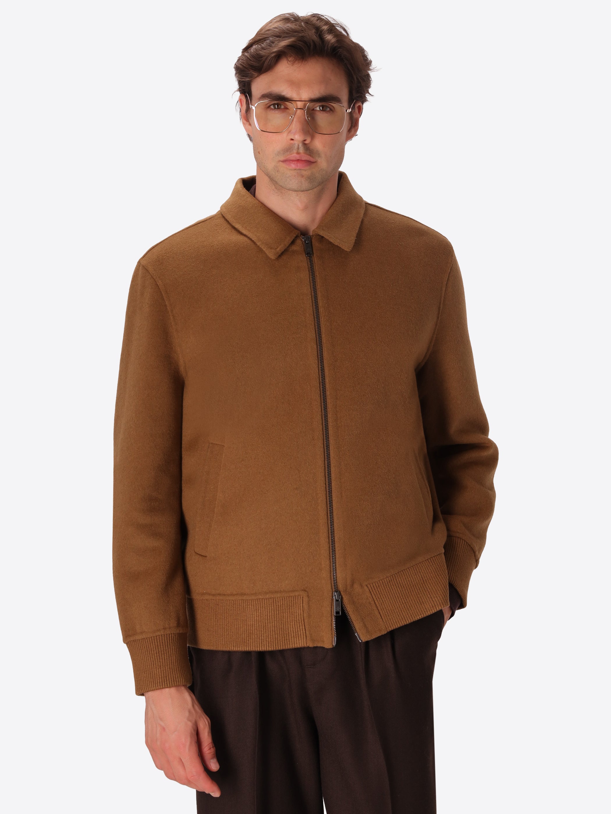 Essex Camel Double-Faced Wool-Blend With Ribbed Trims Aviator Jacket - Model Front View