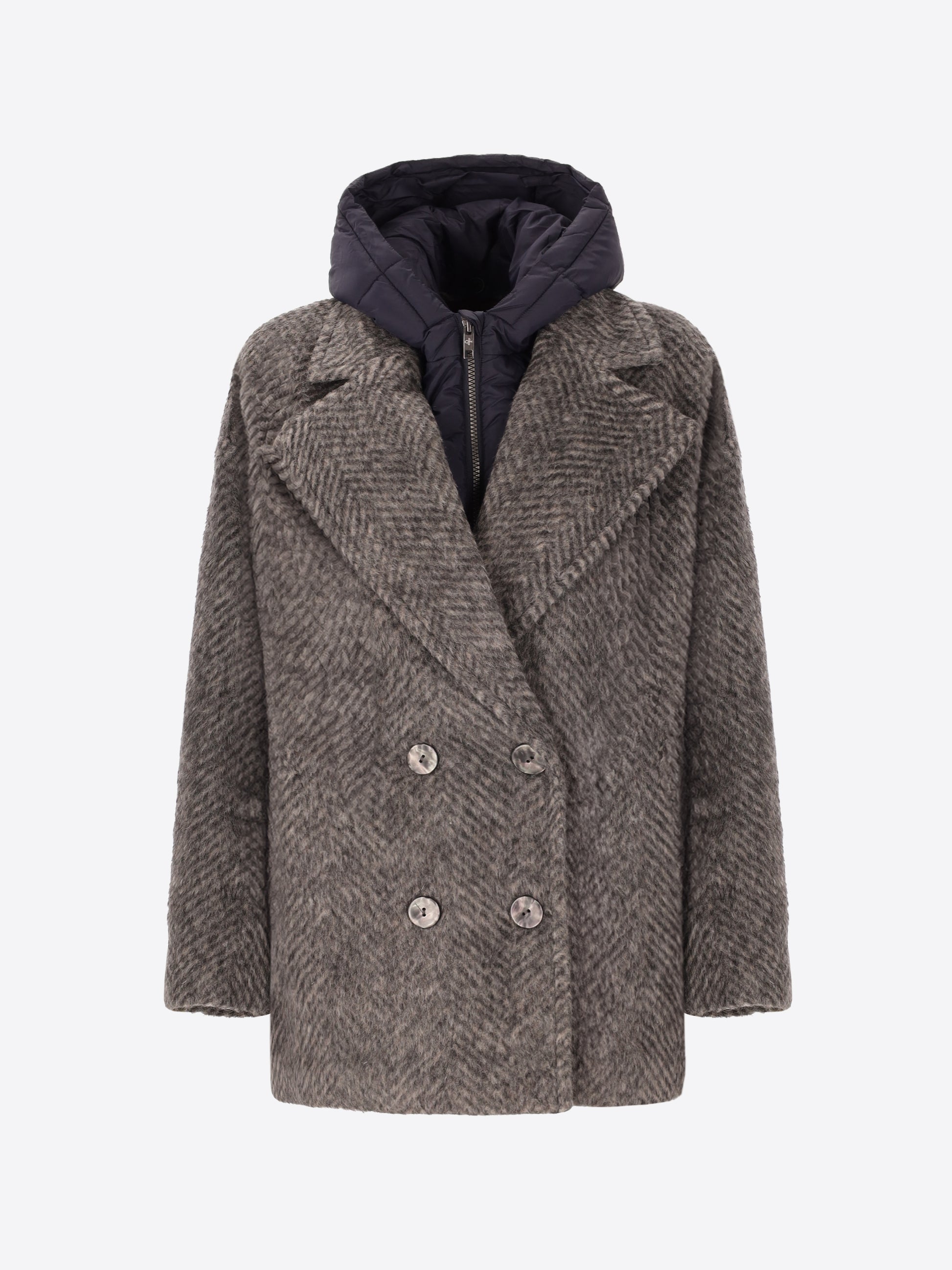 Peacoat in Herringbone Jacquard Wool-Mohair Blend Caldy with Detachable Hood - Woman