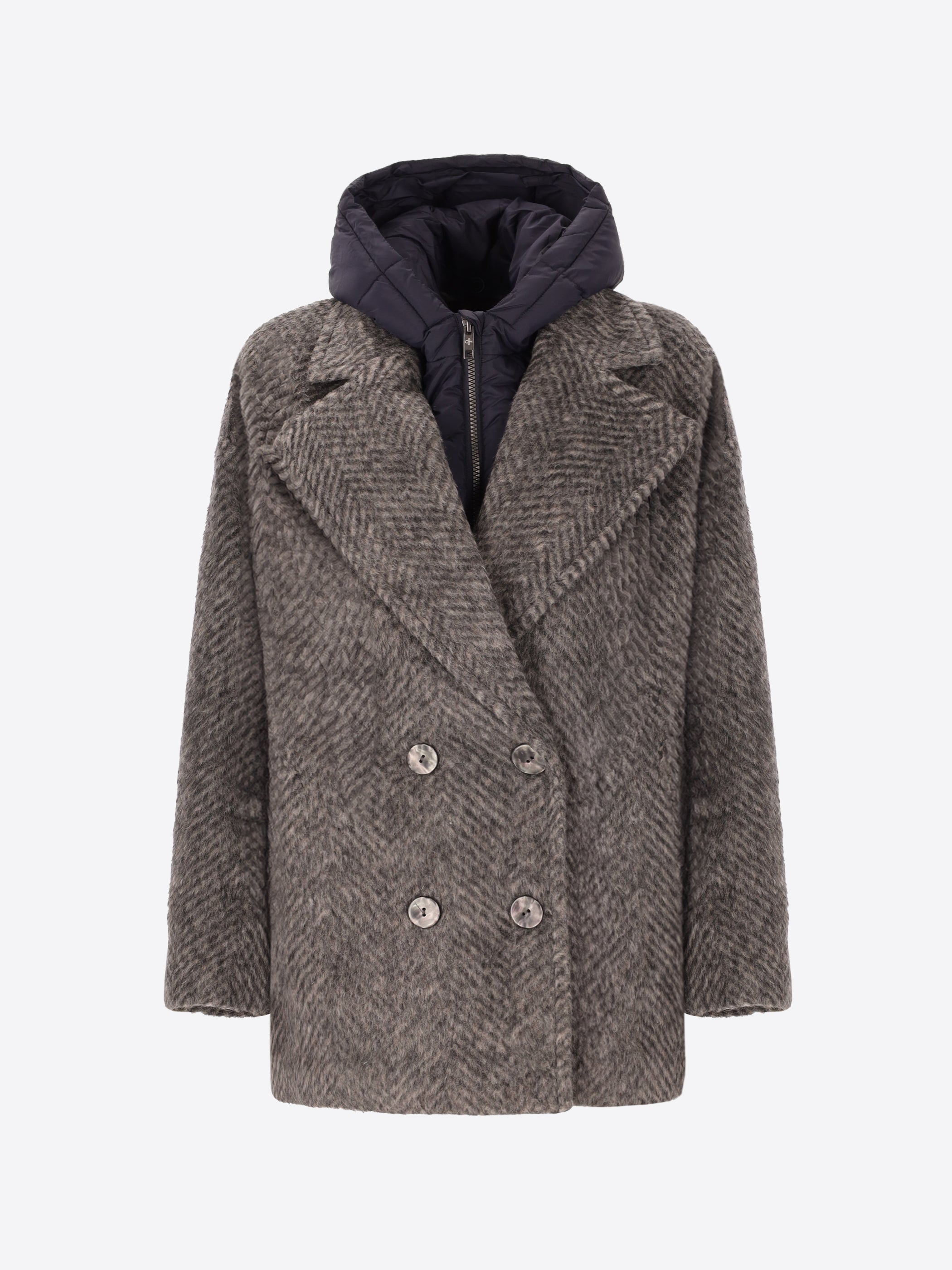 Peacoat in Herringbone Jacquard Wool-Mohair Blend Caldy with Detachable Hood - Woman