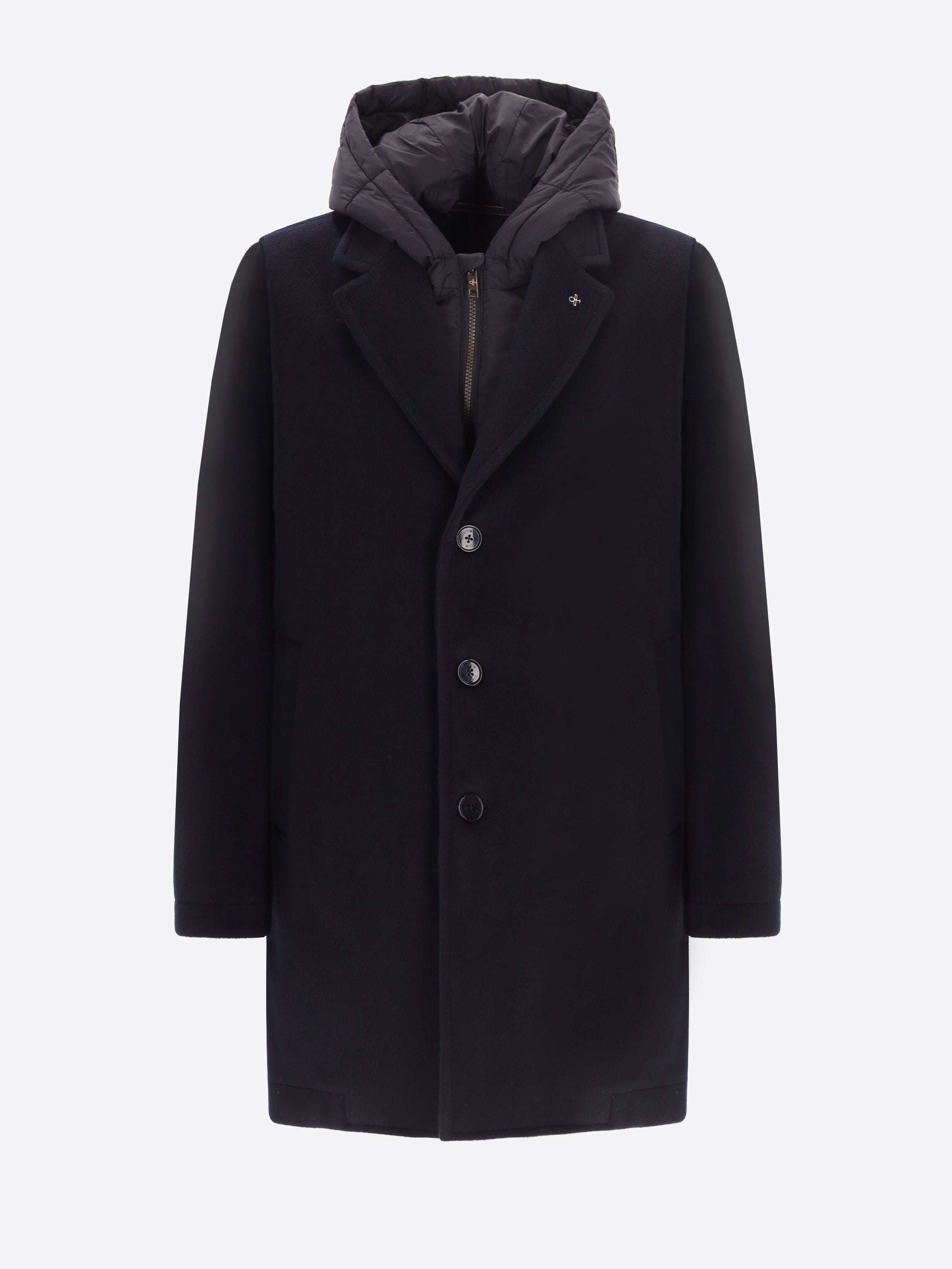 Cappotto Manchester in Panno Misto Lana Super Comfort con Pettorina con Cappuccio Staccabile