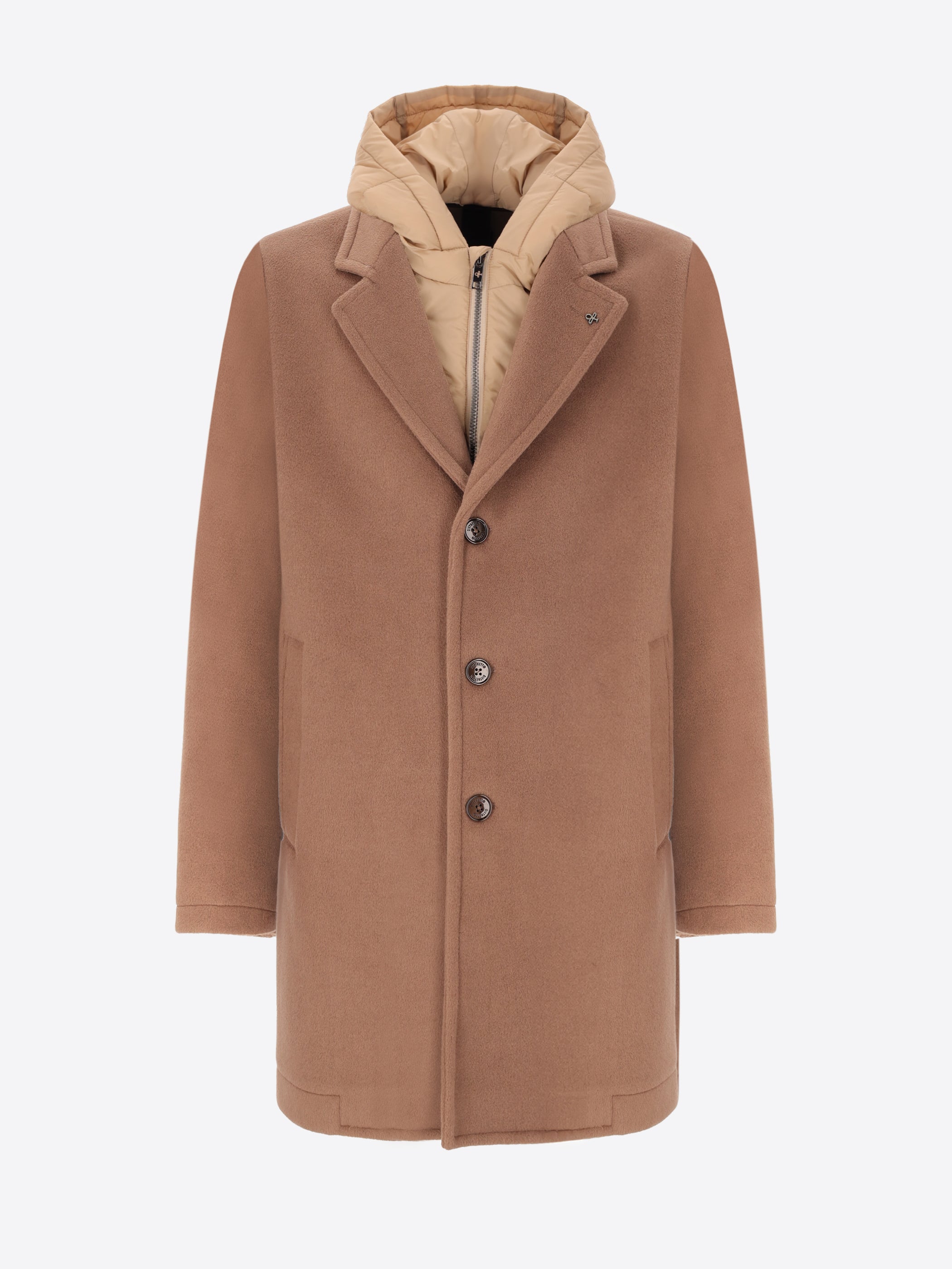 Cappotto Manchester in Panno Misto Lana Super Comfort con Pettorina con Cappuccio Staccabile
