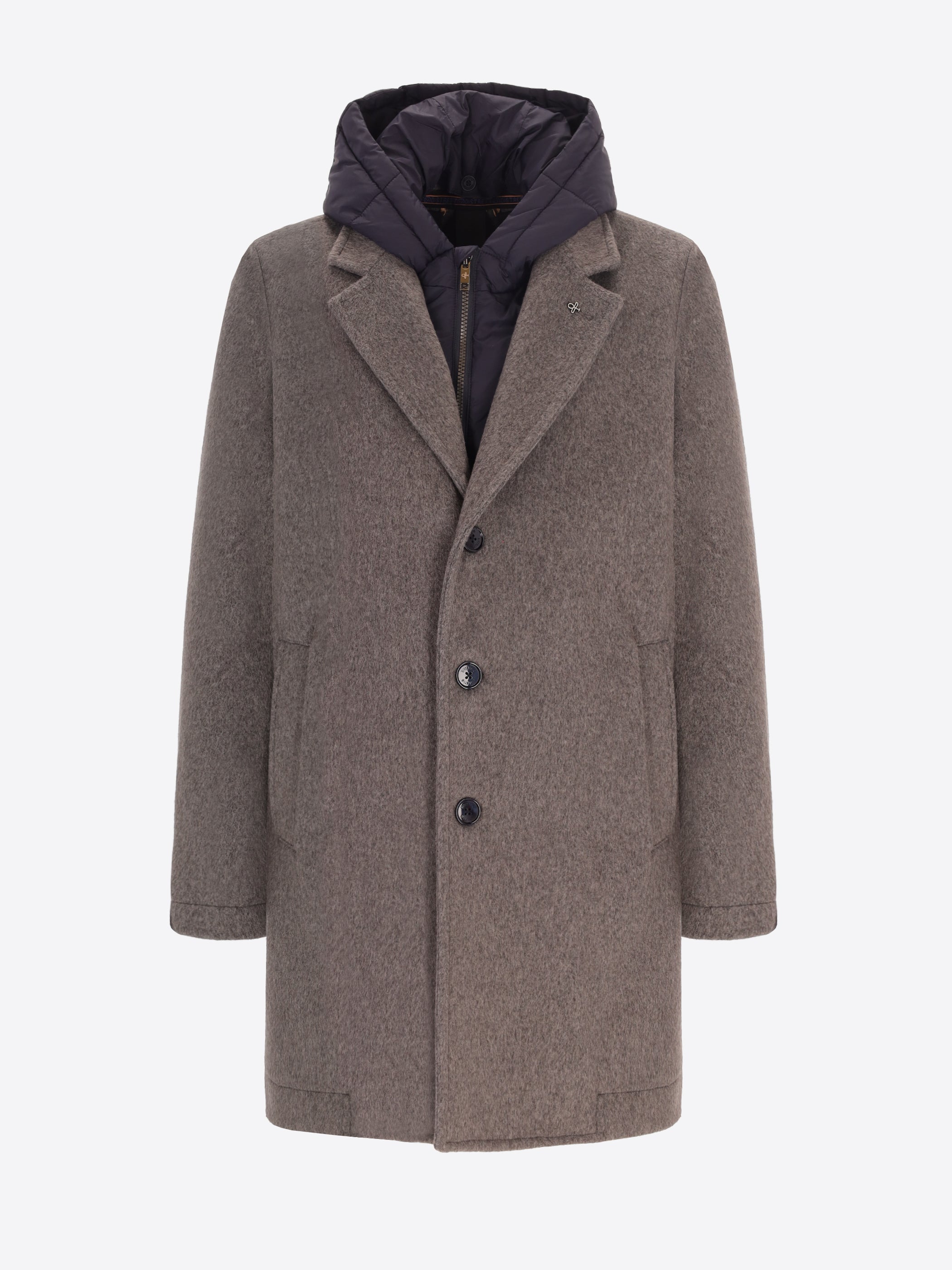 Cappotto Manchester in Panno Misto Lana Super Comfort con Pettorina con Cappuccio Staccabile