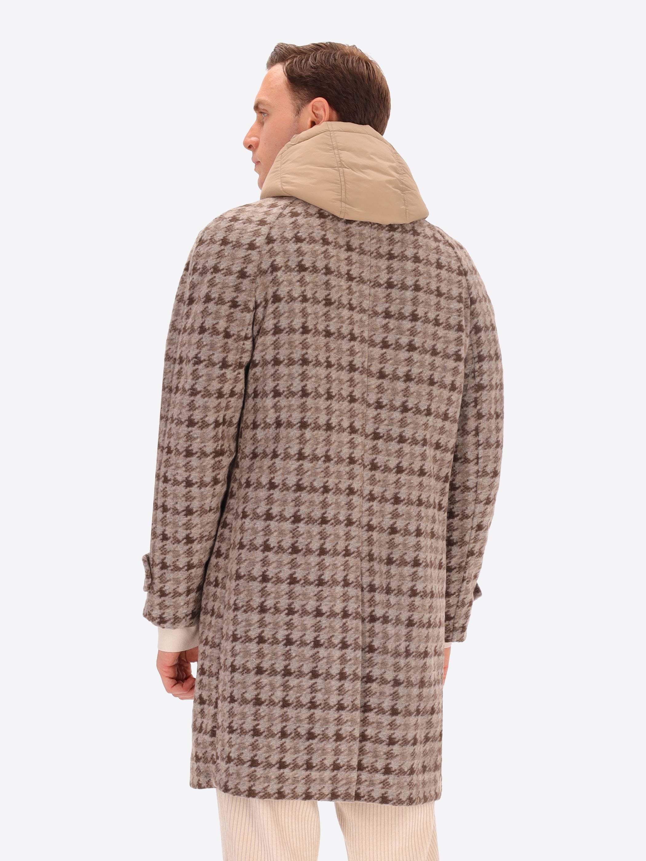 Needle-Punched Wool Raglan Coat Cardiff with Pied de Poule Pattern and Detachable Hood
