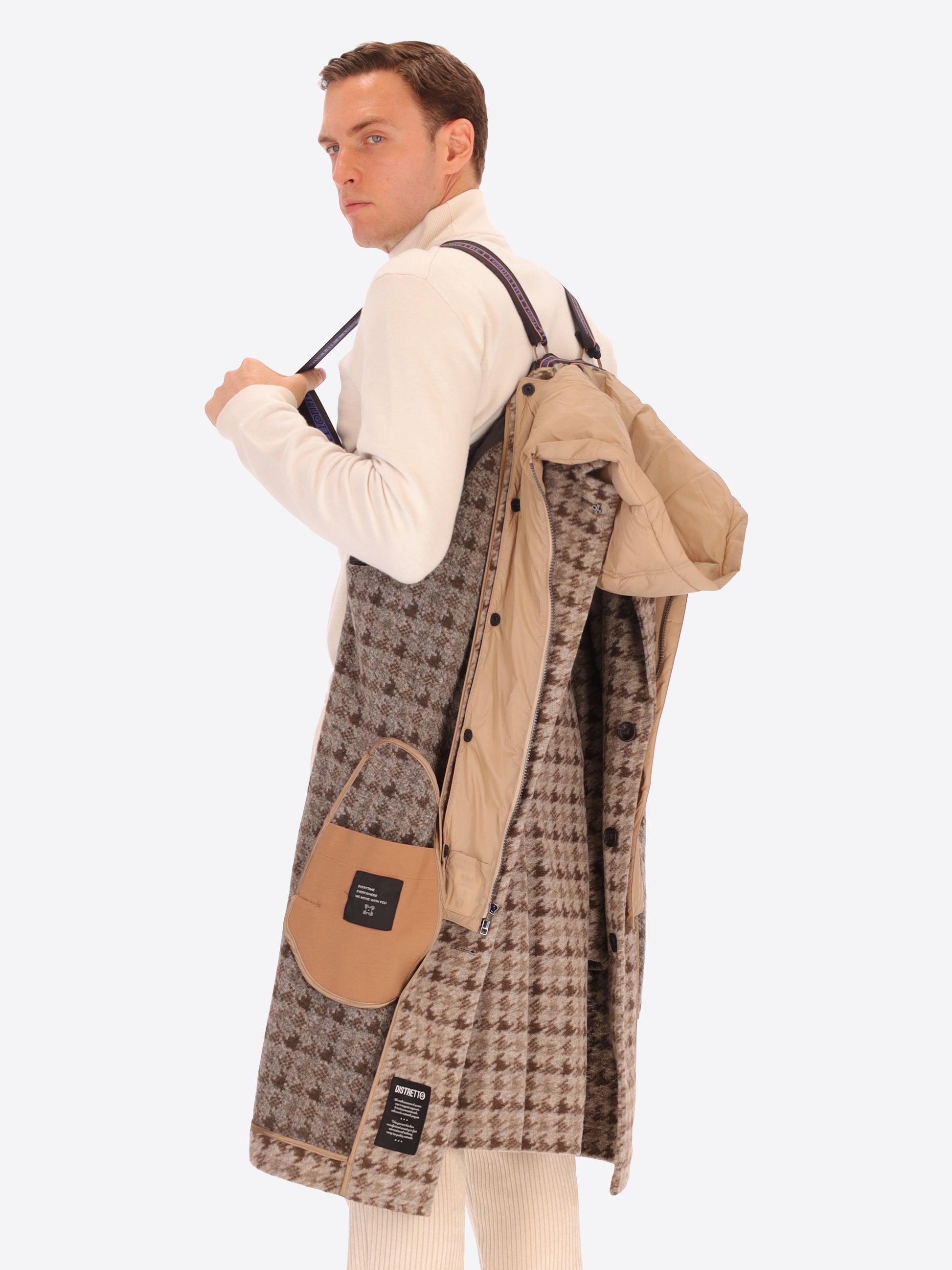 Cardiff Raglanmantel aus Nadelvlies-Wollmischung mit Hahnentrittmuster und Abnehmbarem Kapuzen-Einsatz