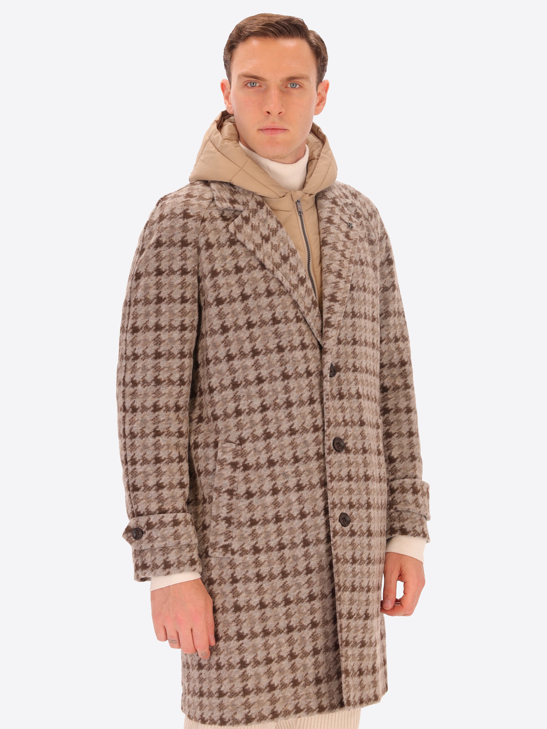 Cappotto Raglan Cardiff in Lana Agugliata con Disegno Pied de Poule e Cappuccio Staccabile