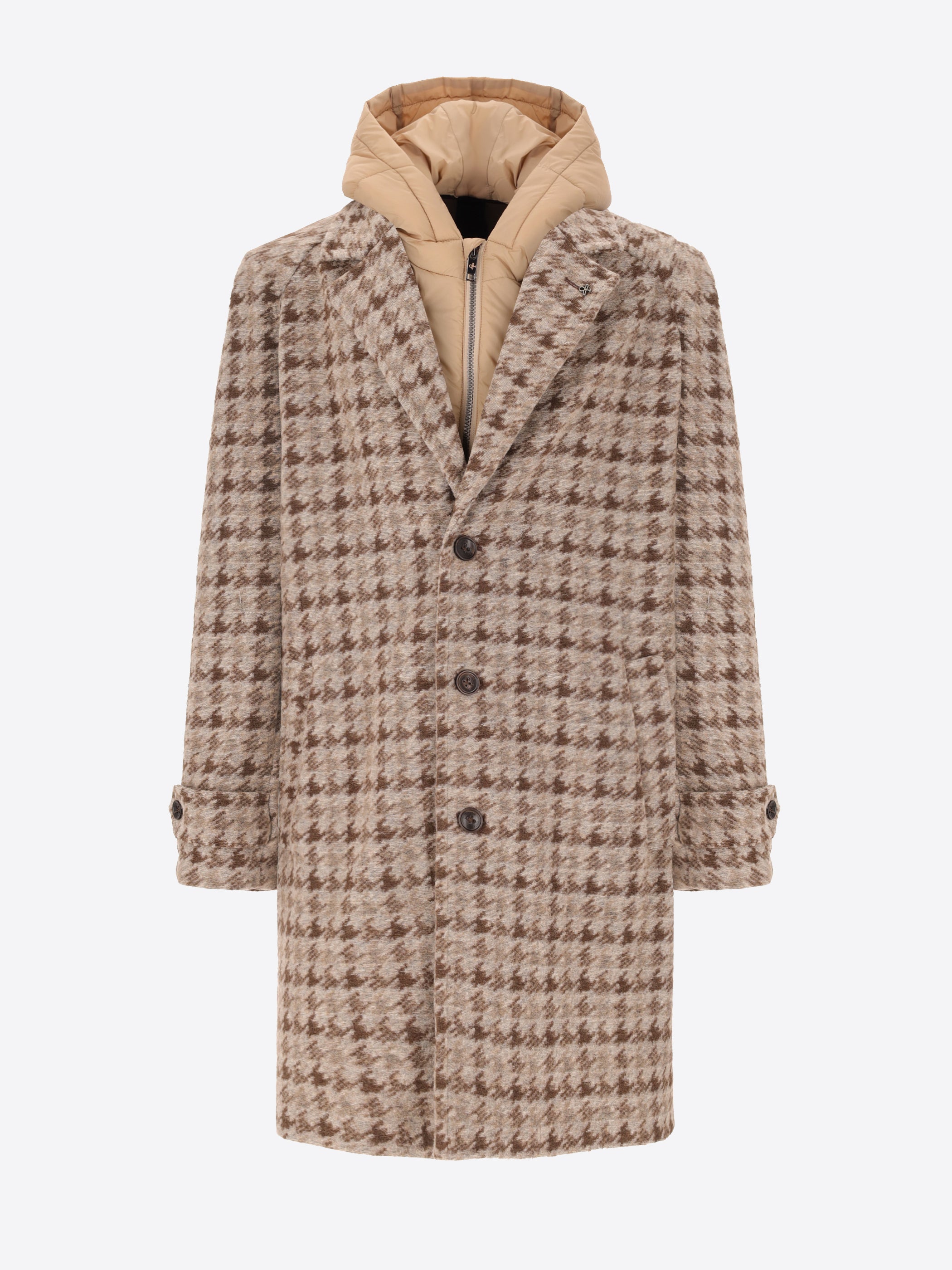 Cappotto Raglan Cardiff in Lana Agugliata con Disegno Pied de Poule e Cappuccio Staccabile