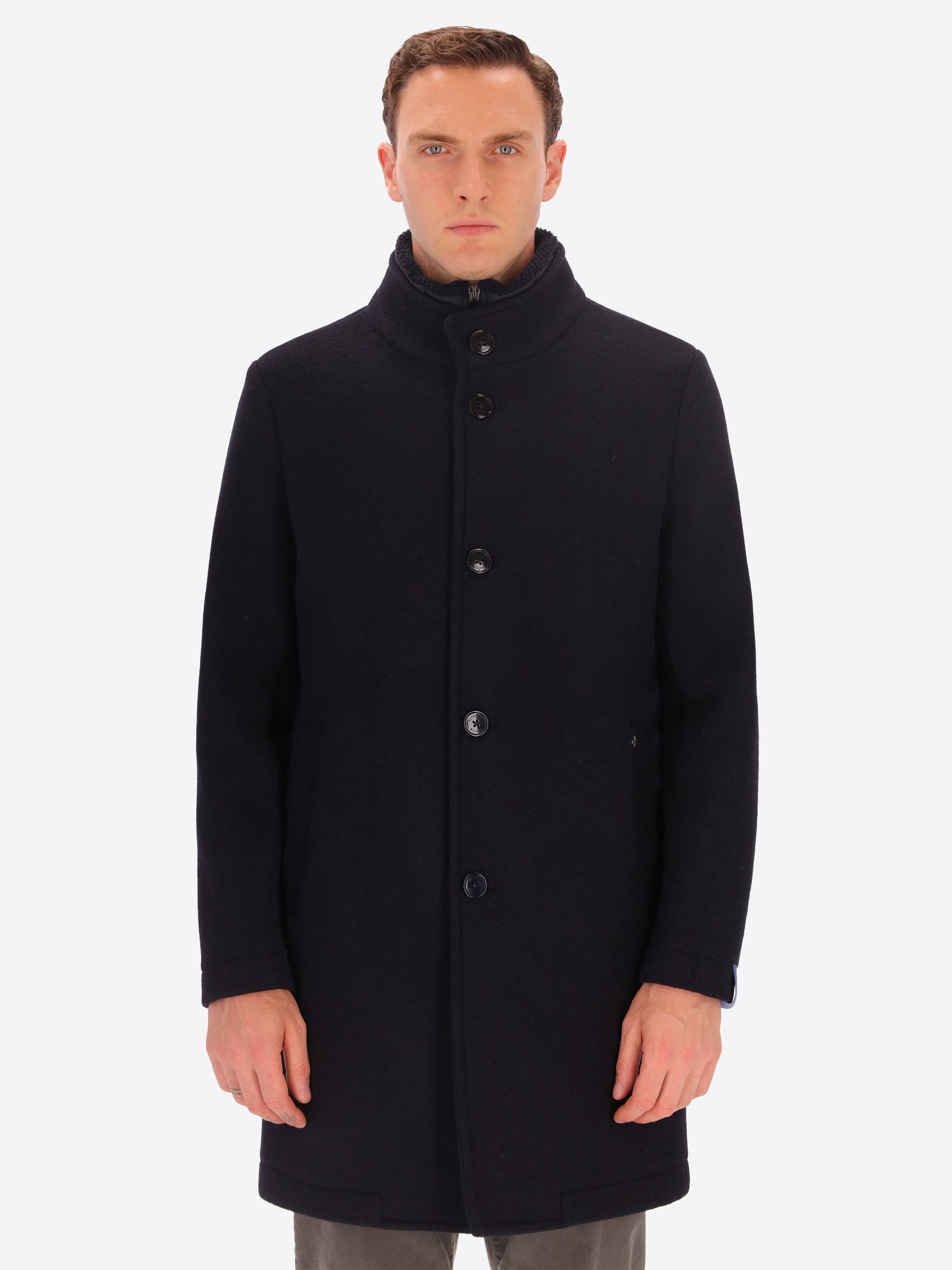 Bonded Boiled Wool Coat With Detachable Chest Neck Carlos