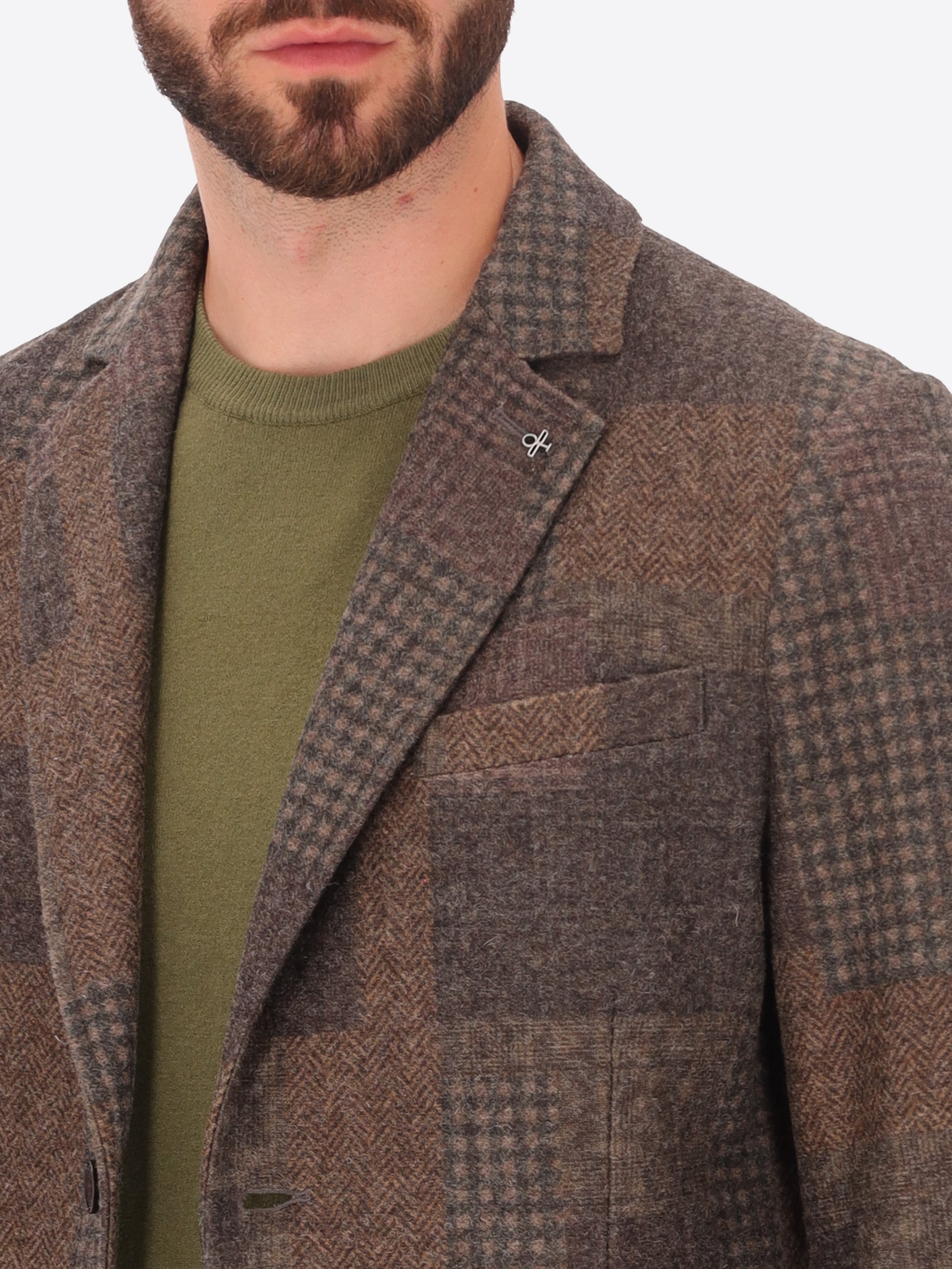 Giacca Chester in Tessuto Misto Lana con Motivo Patchwork