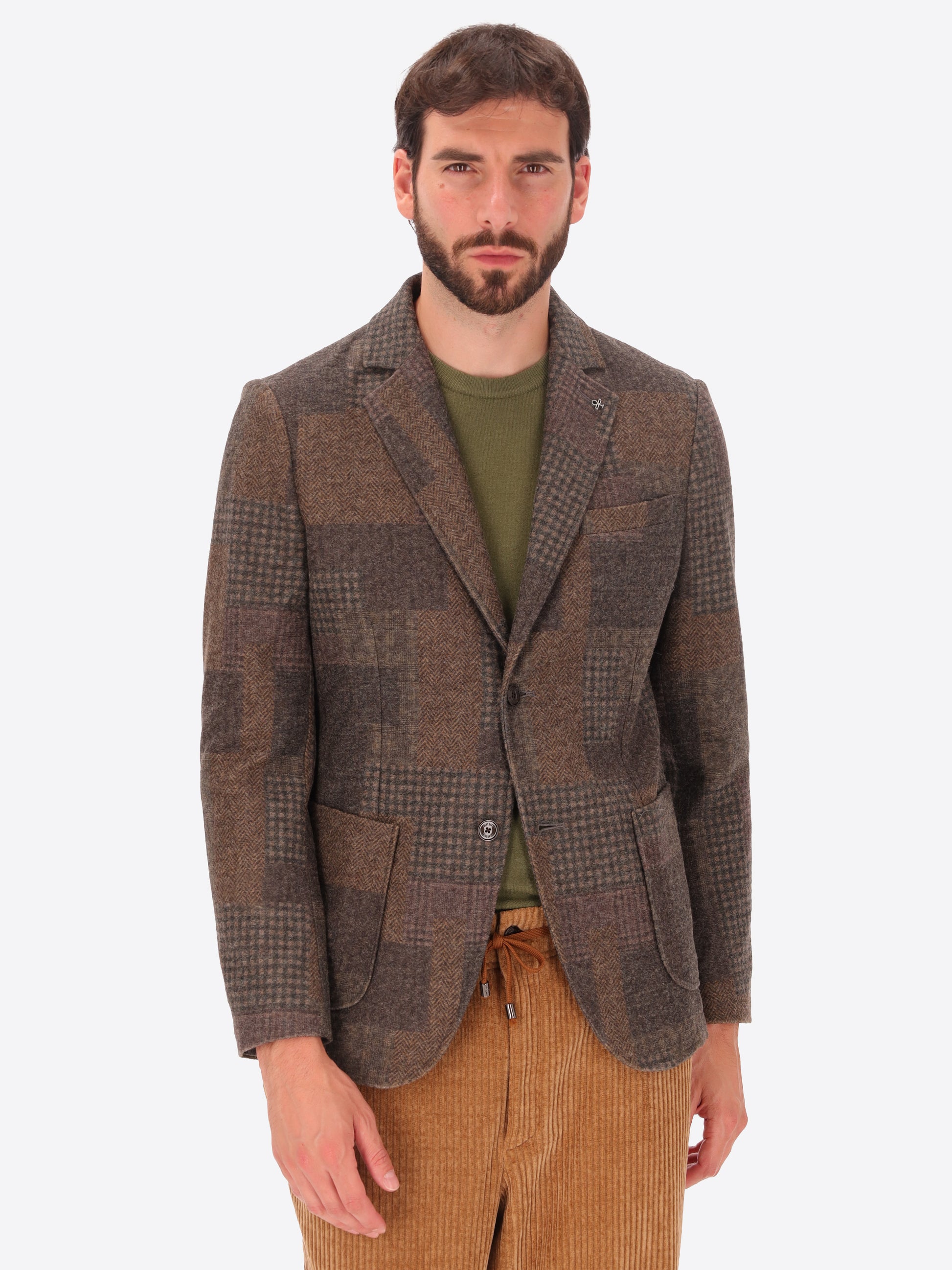 Giacca Chester in Tessuto Misto Lana con Motivo Patchwork