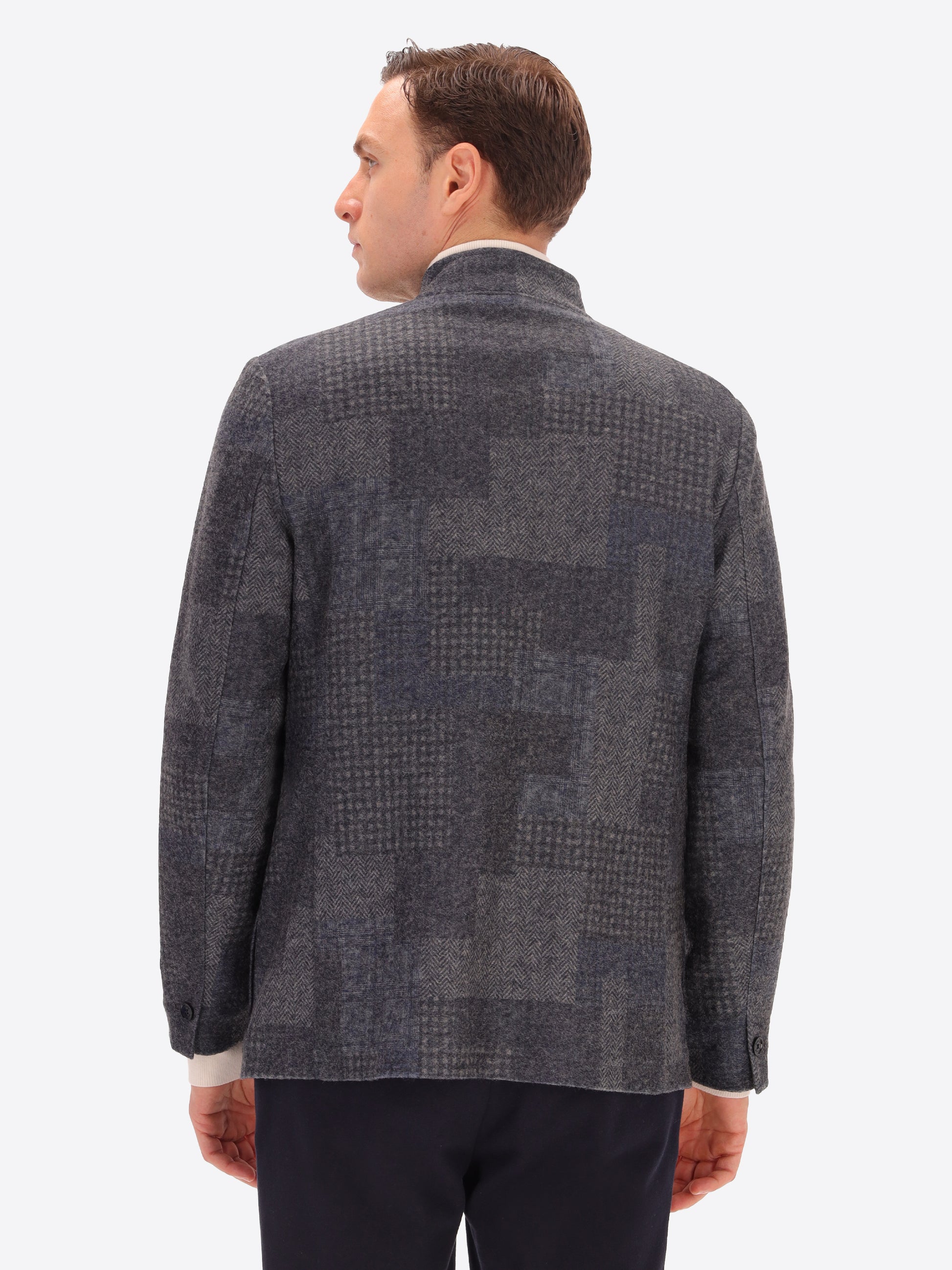 Wool Blend Patchwork Check Pattern Coreana Jacket Chester