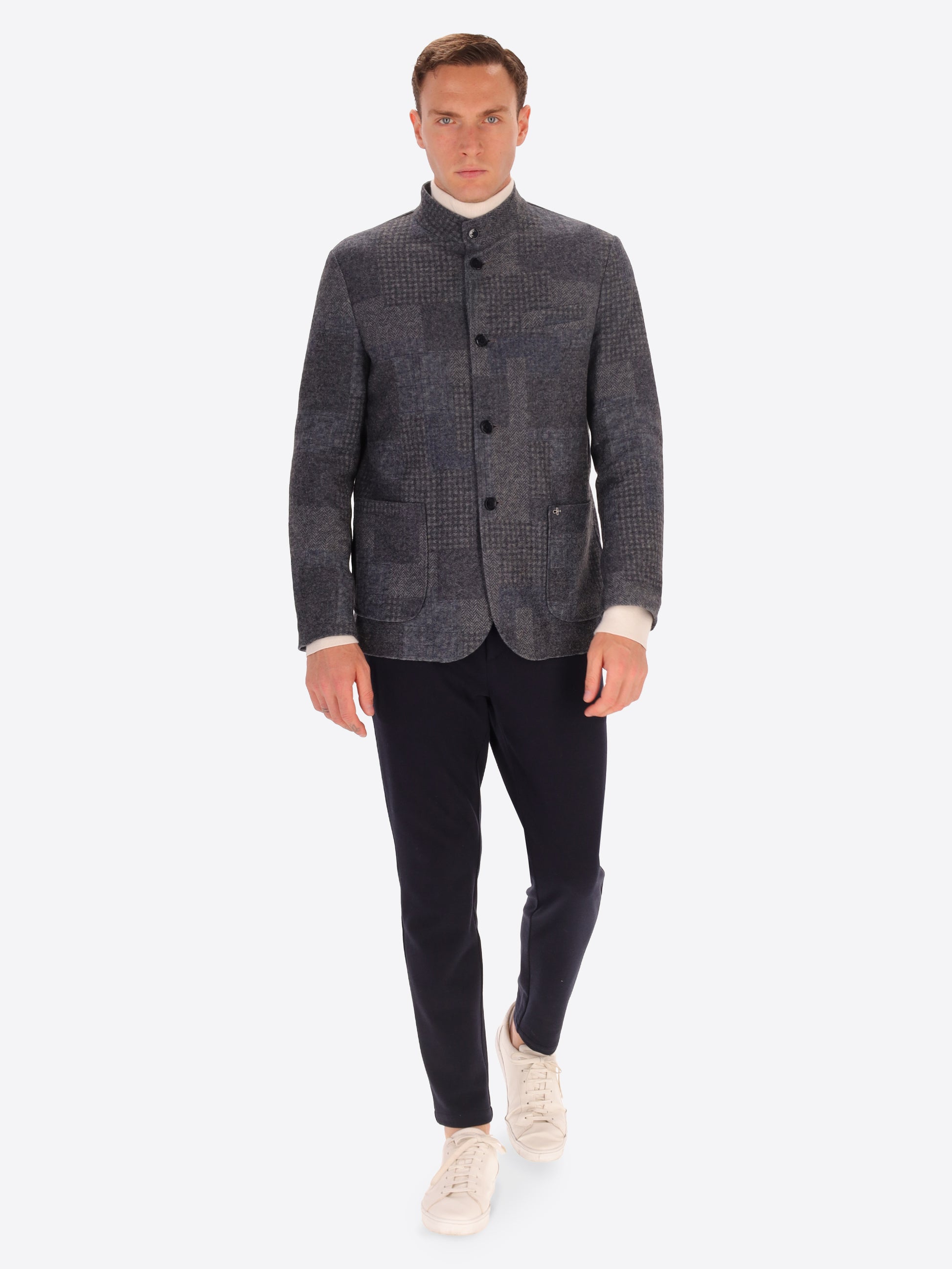 Wool Blend Patchwork Check Pattern Coreana Jacket Chester