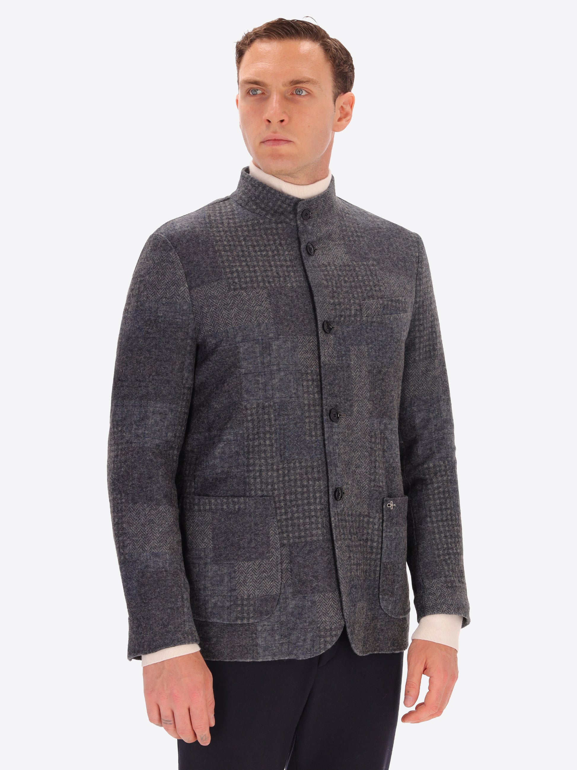 Wool Blend Patchwork Check Pattern Coreana Jacket Chester