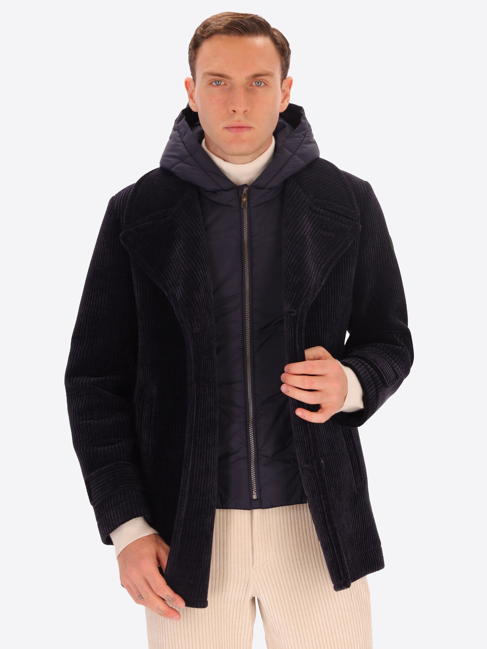 Peacoat Alba in Velluto a Costa Francese con Cappuccio Staccabile