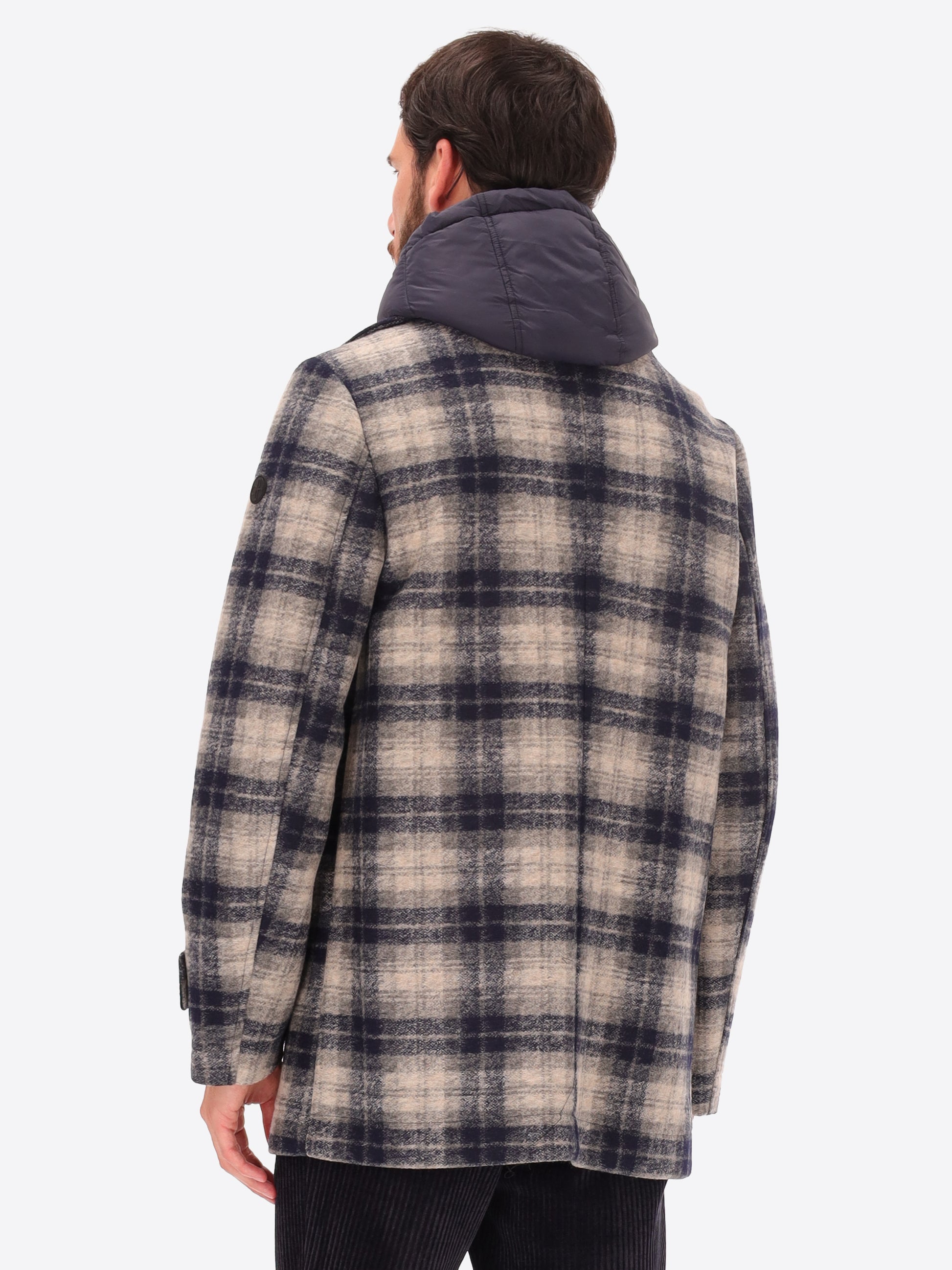 Boiled Wool Peacoat Cambridge with Scottish Check Pattern and Detachable Hood