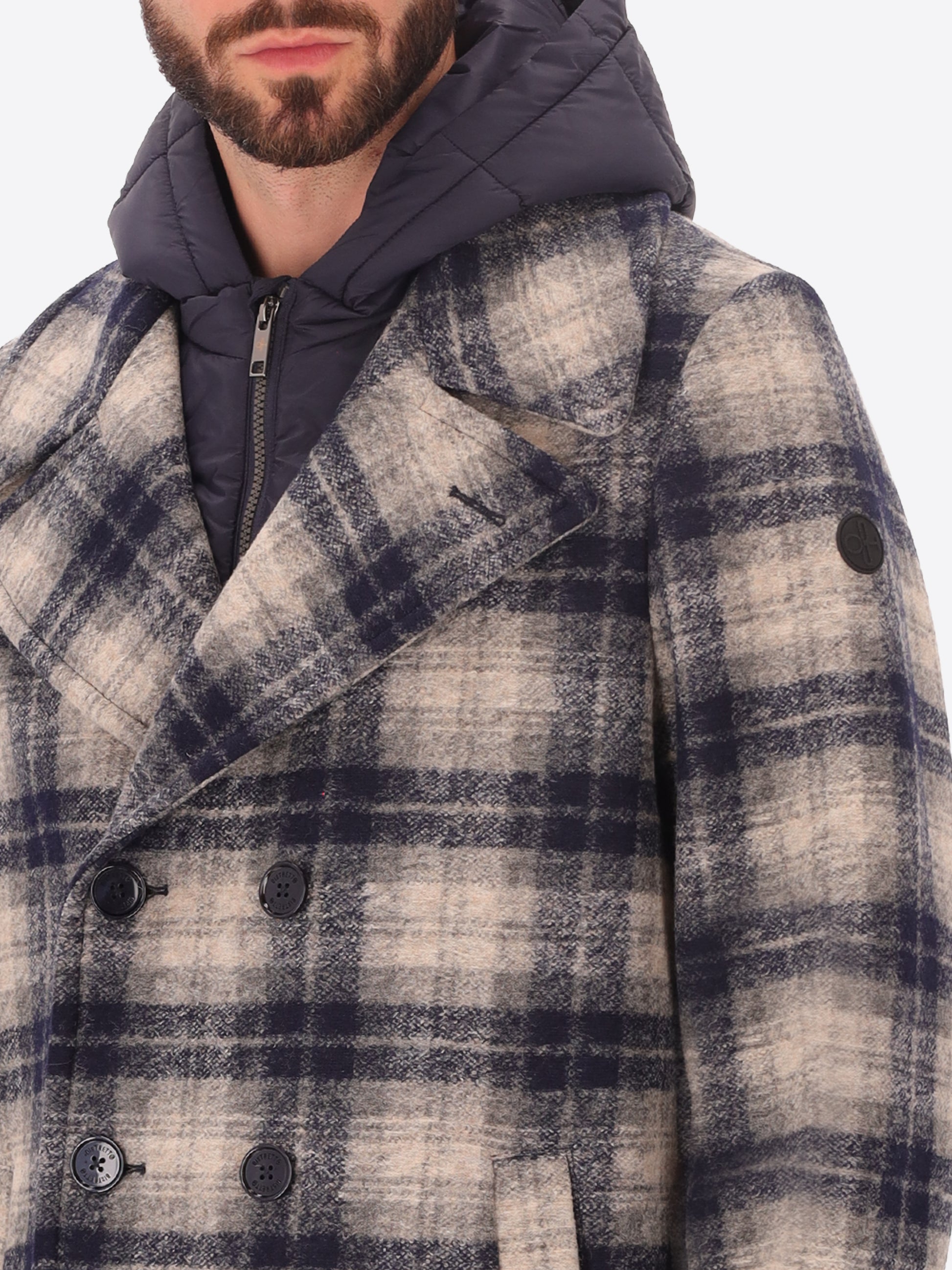 Boiled Wool Peacoat Cambridge with Scottish Check Pattern and Detachable Hood