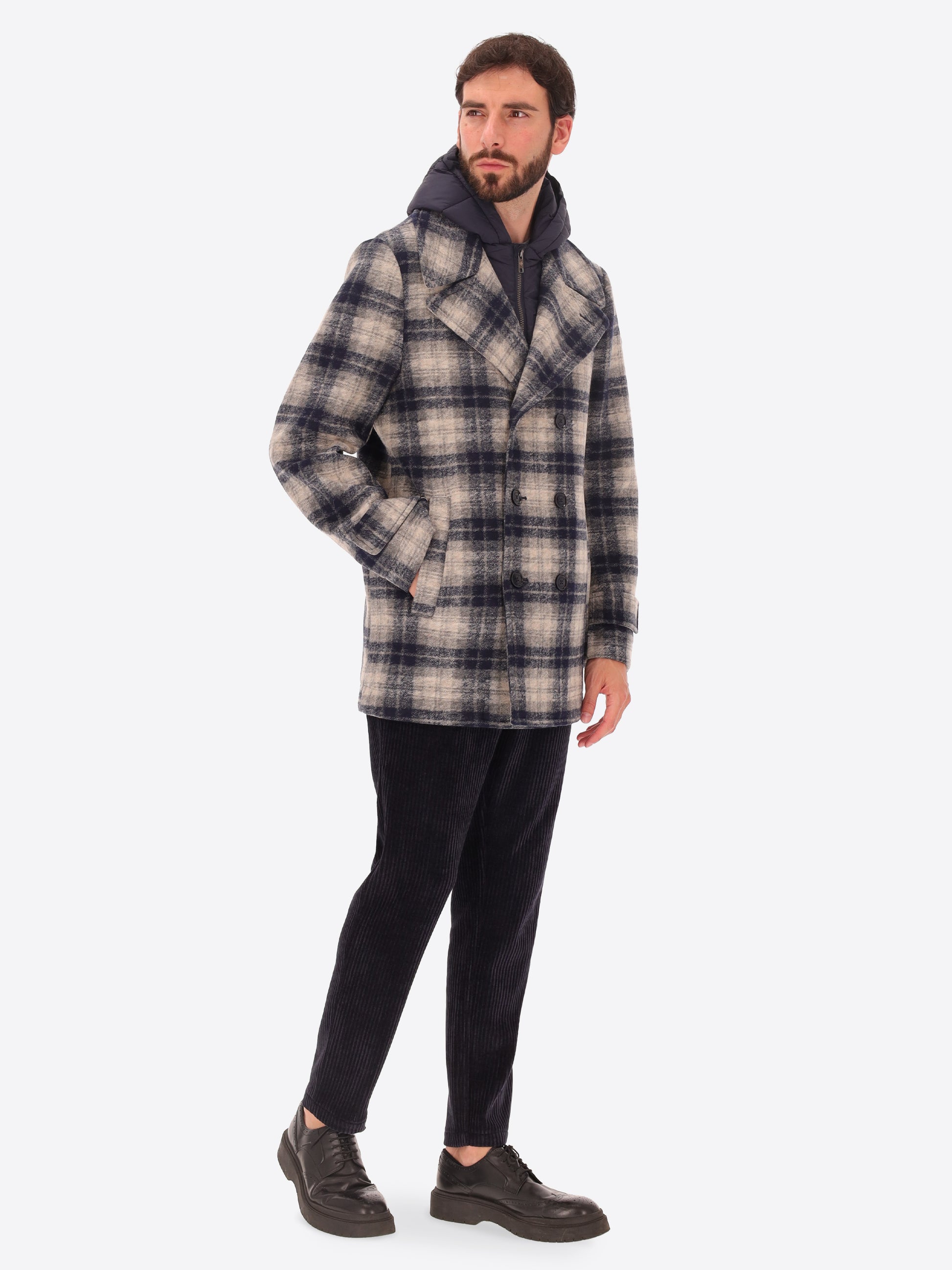Boiled Wool Peacoat Cambridge with Scottish Check Pattern and Detachable Hood