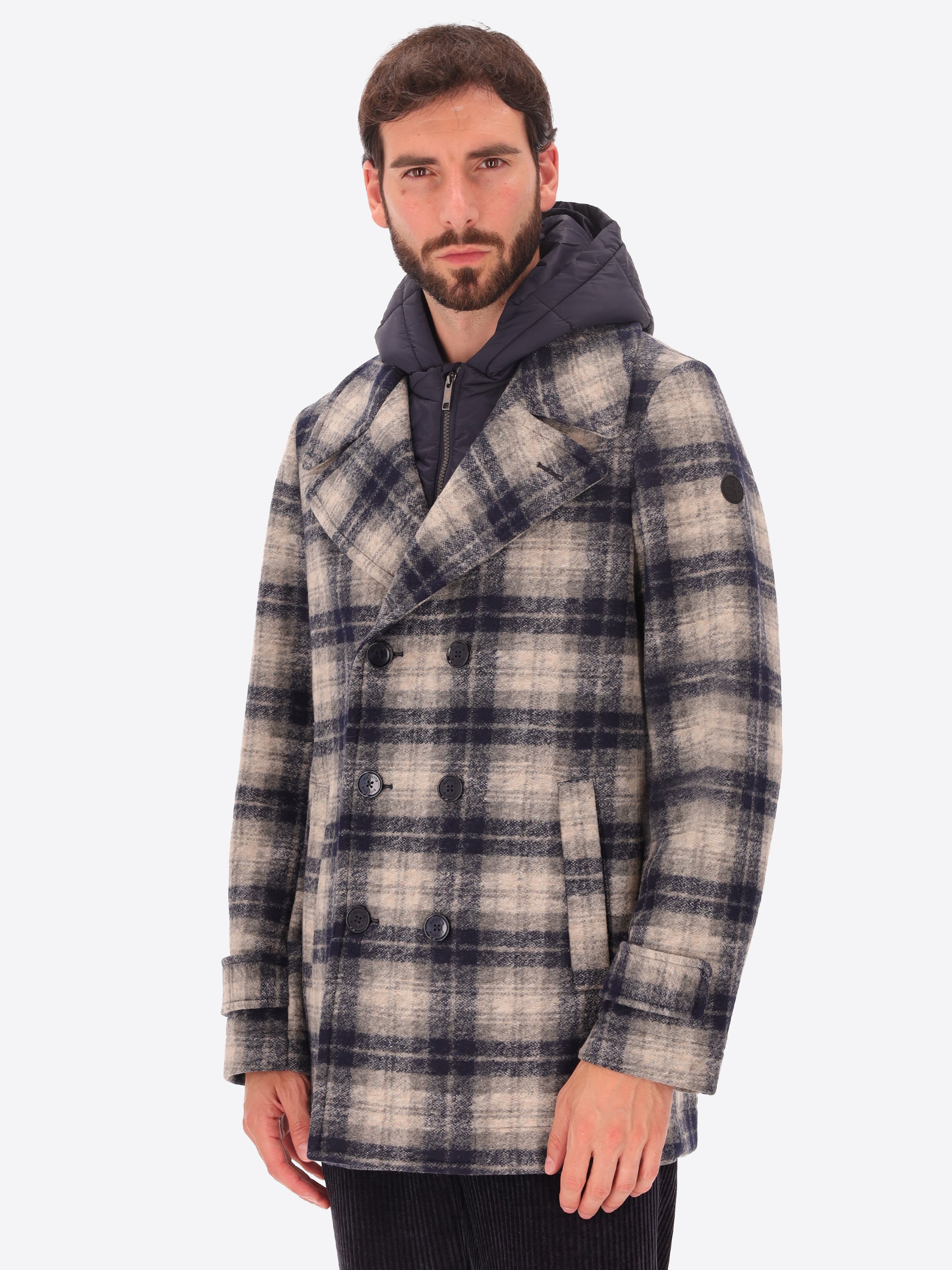 Boiled Wool Peacoat Cambridge with Scottish Check Pattern and Detachable Hood
