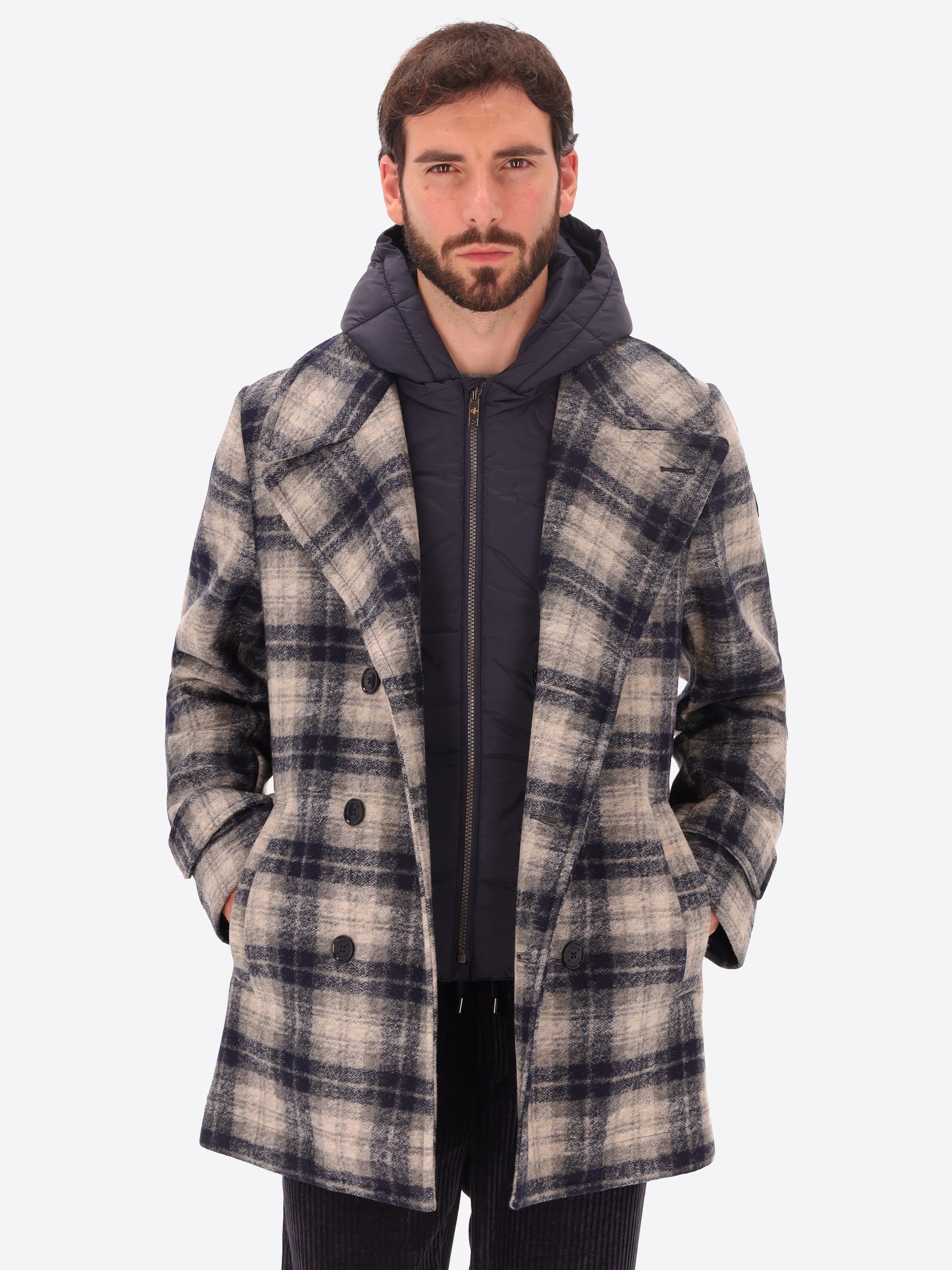 Boiled Wool Peacoat Cambridge with Scottish Check Pattern and Detachable Hood