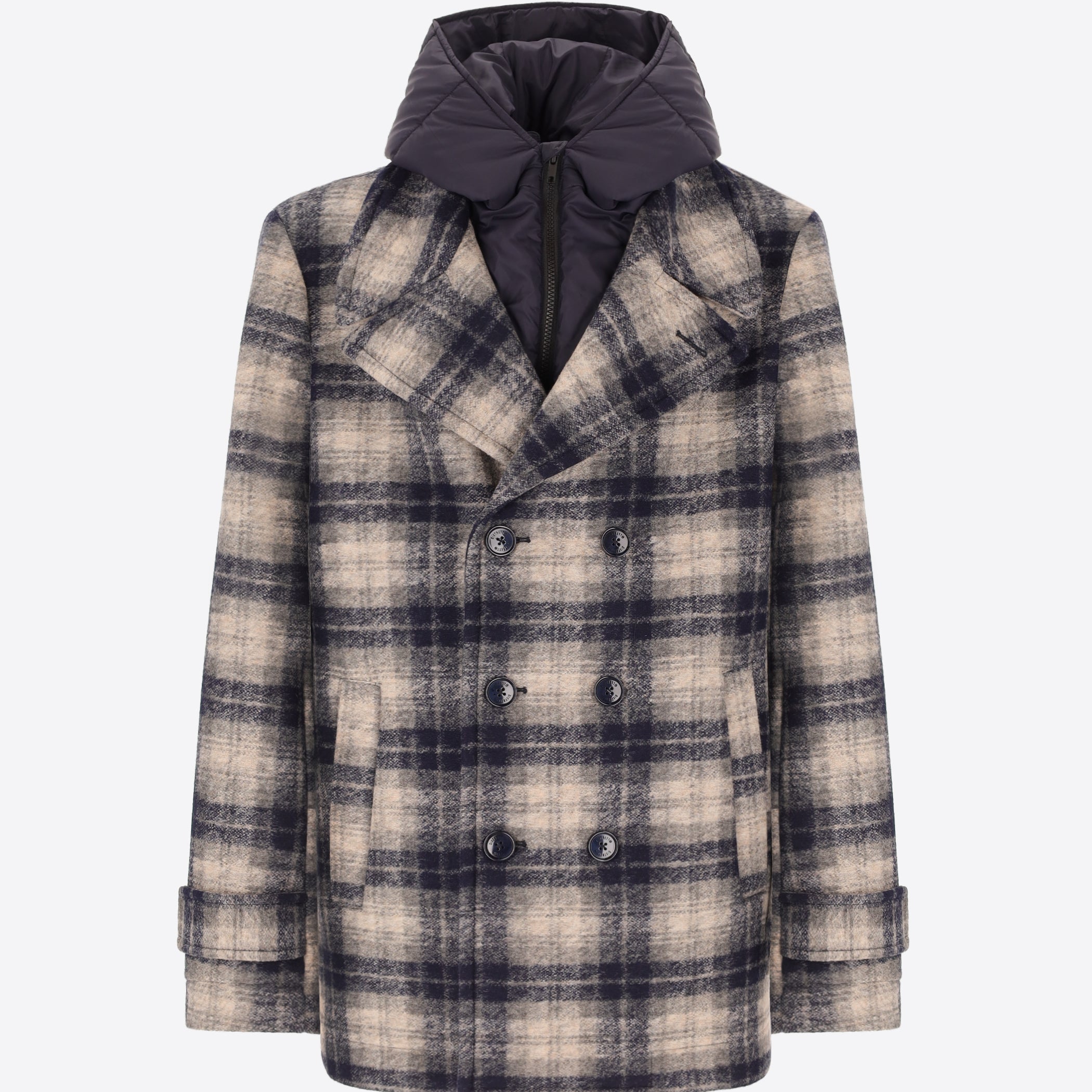 Boiled Wool Peacoat Cambridge with Scottish Check Pattern and Detachable Hood