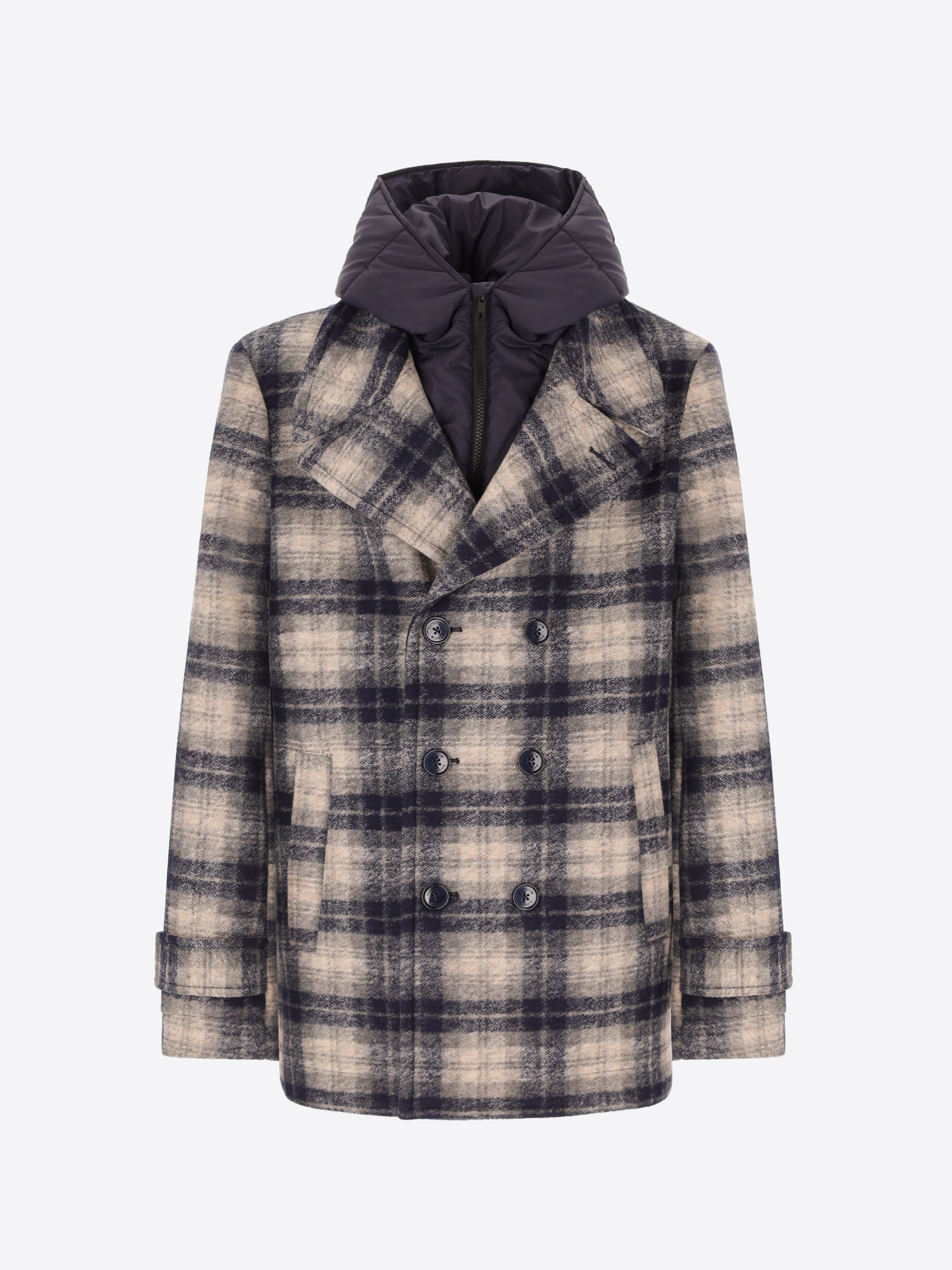 Peacoat Cambridge in Lana Cotta con Disegno Scozzese e Cappuccio Staccabile