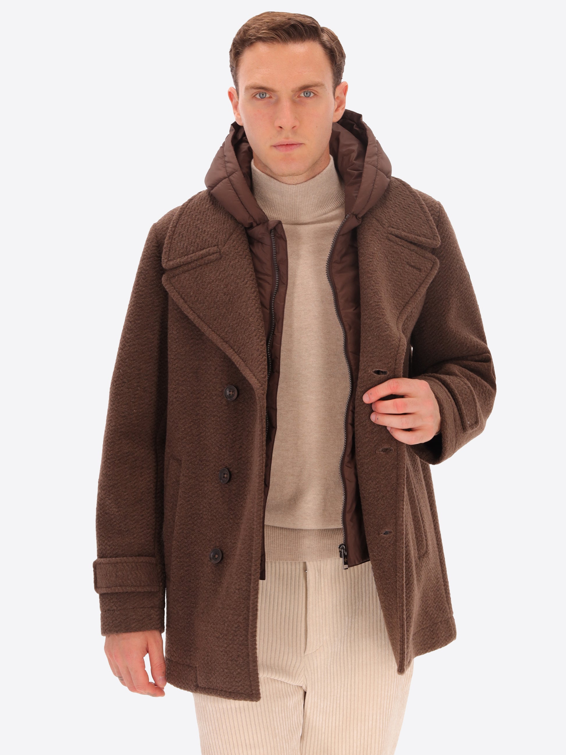 Boiled Wool Blend Peacoat Preston With Detachable Hood