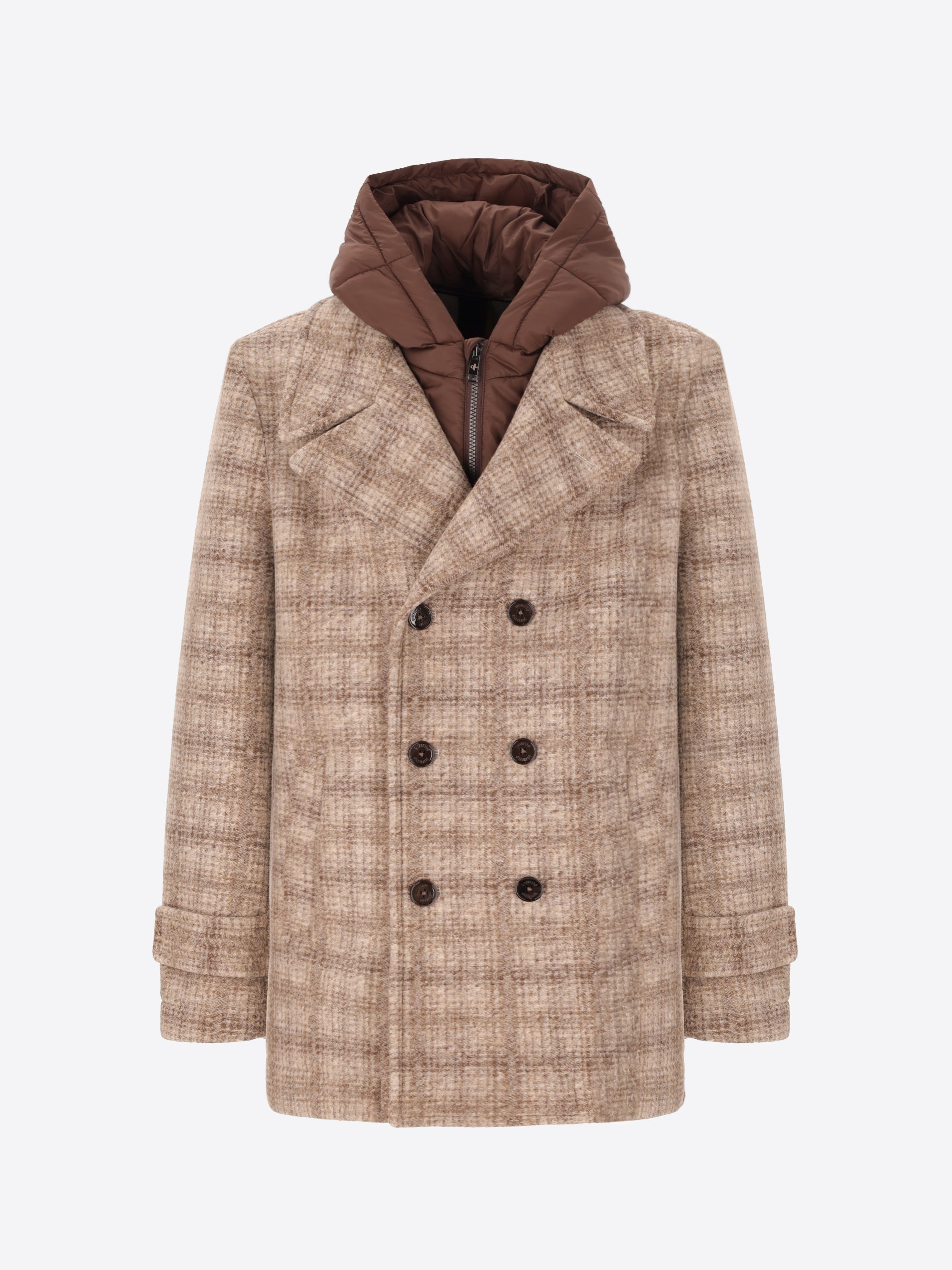 Peacoat Leeds in Lana Cotta con Disegno Tartan e Cappuccio Staccabile