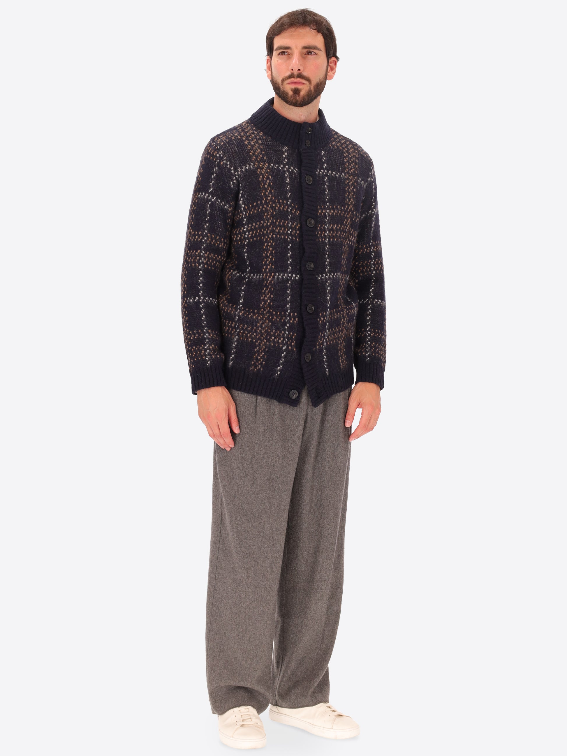 Cardigan a Collo Alto Stoke in Jacquard Misto Lana e Alpaca