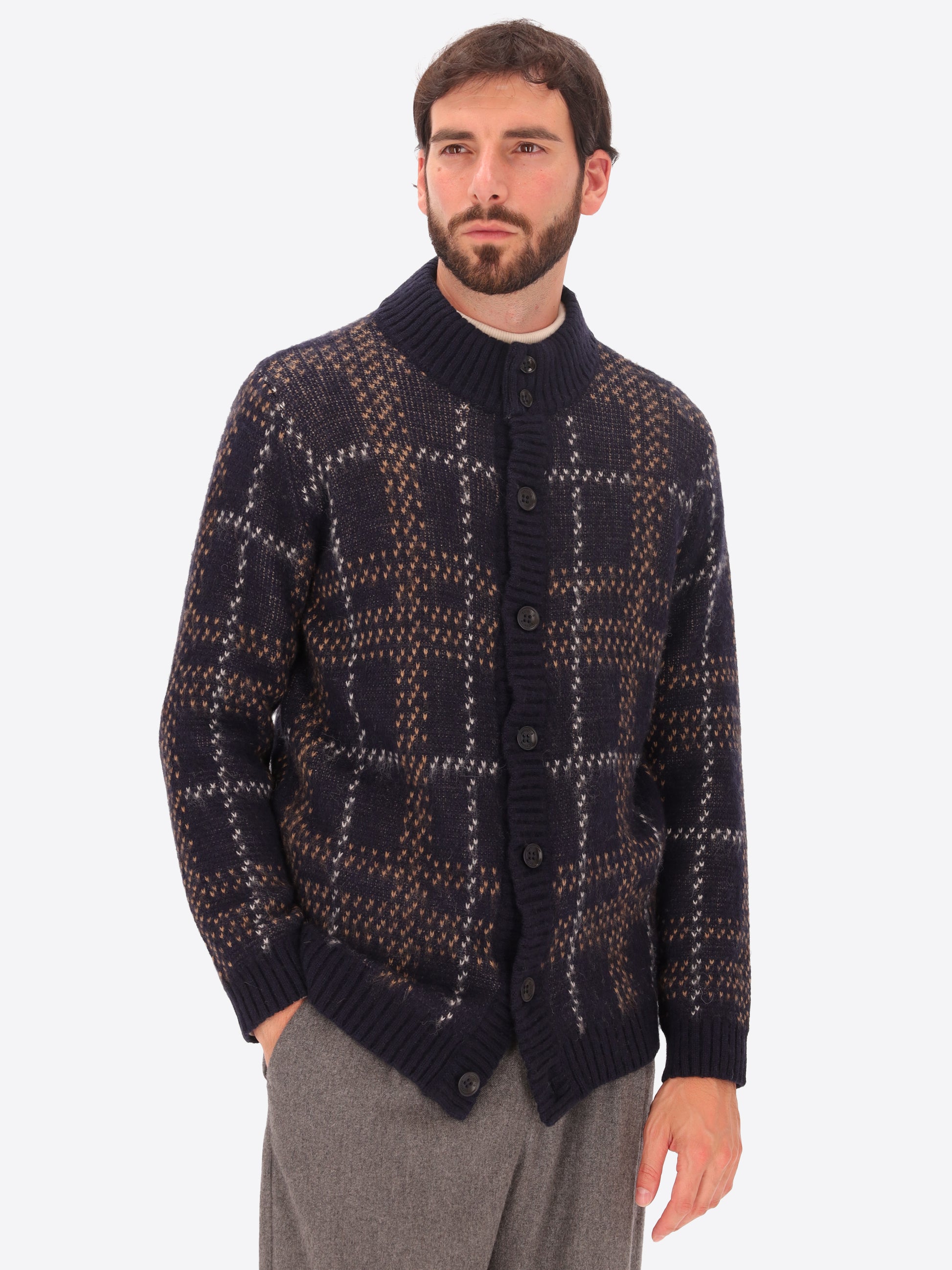 Cardigan a Collo Alto Stoke in Jacquard Misto Lana e Alpaca