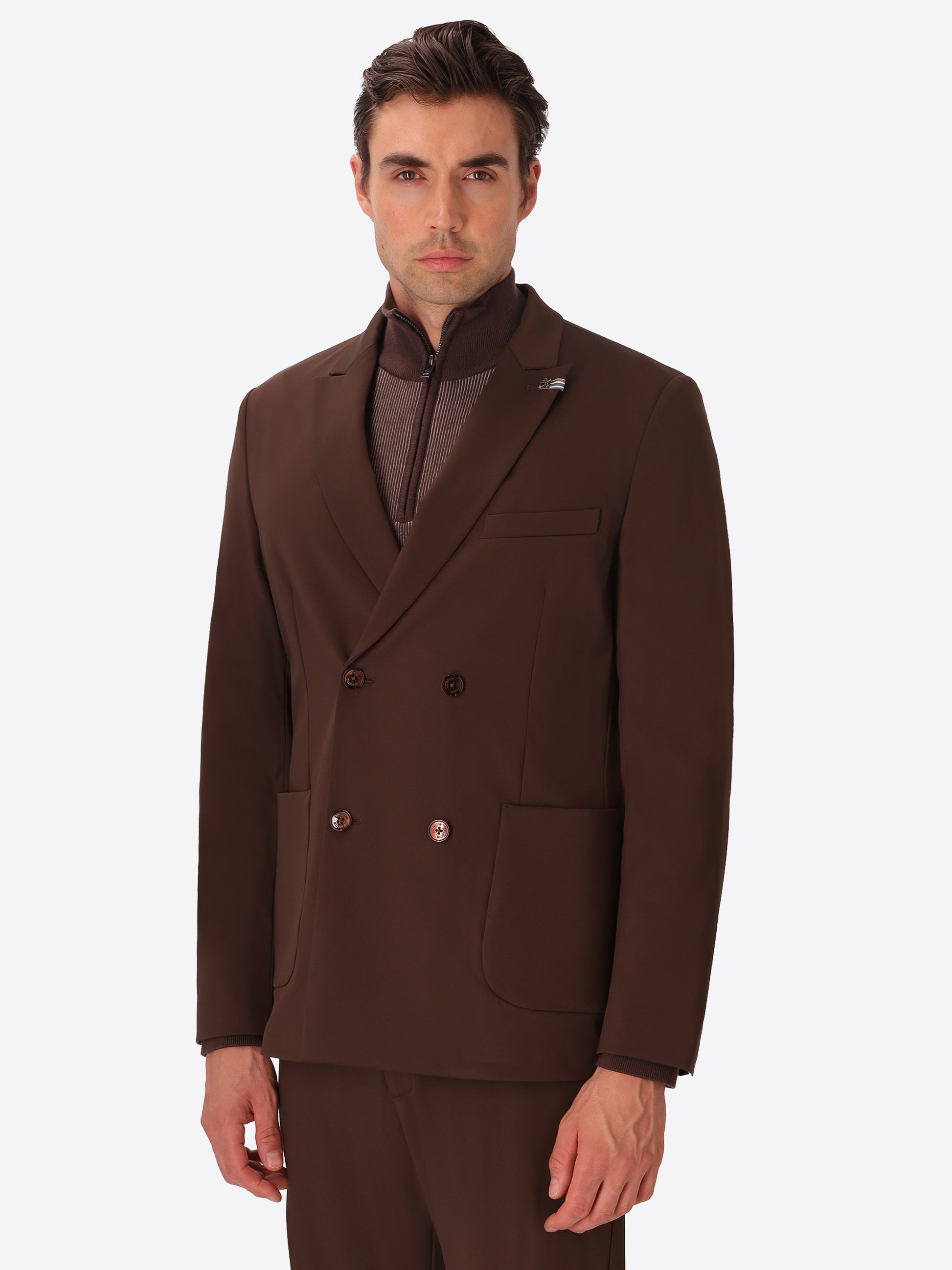 H.P. M26 Brown High-Perform12 Technical Double-Breasted Jacket - Model Front View